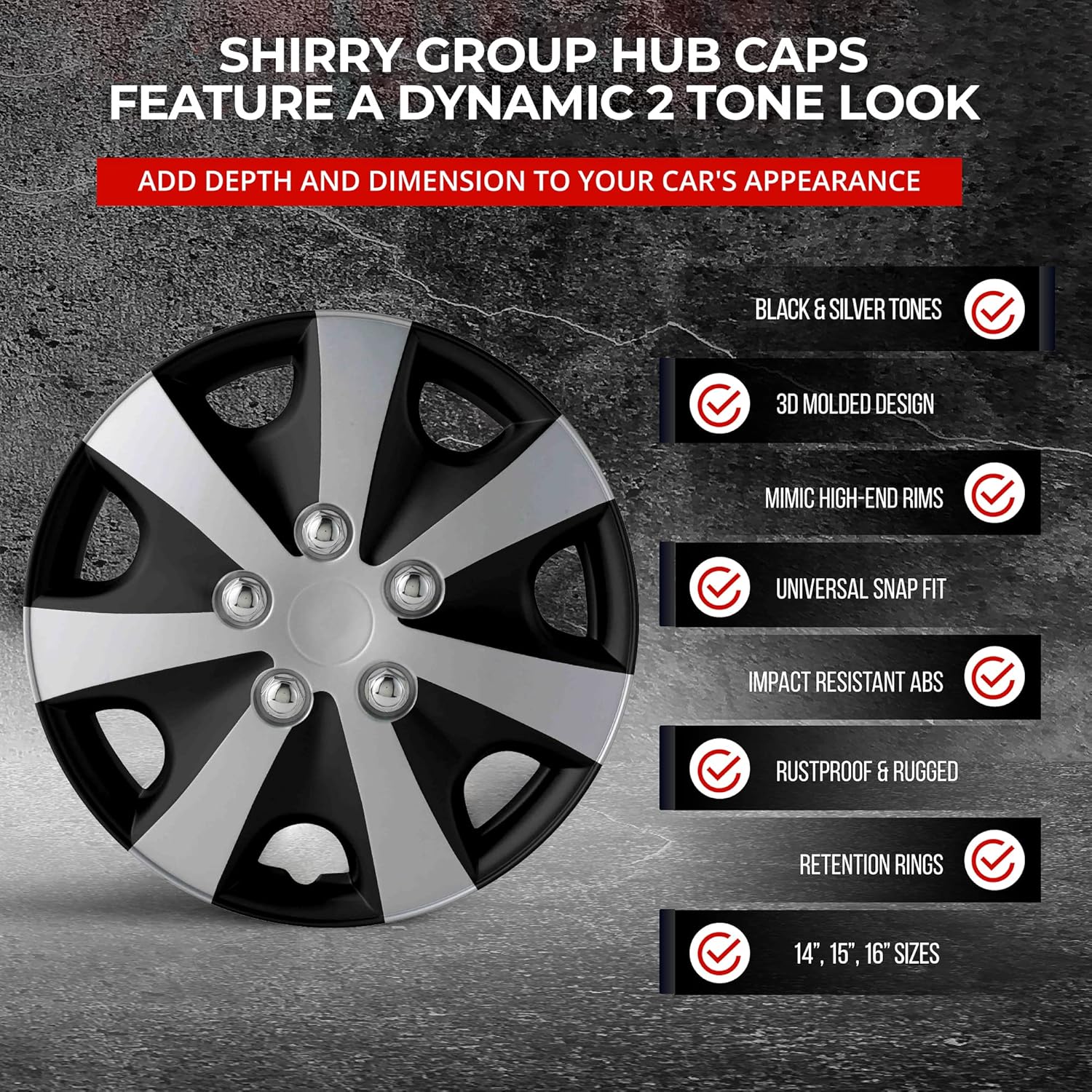Shirry Group Hubcaps 4-Pack Kit, 14 inch Hub Caps Set of 4 Wheel Covers with Universal Snap-On Retention Rings, 2-Tone ABS Plastic Black and Silver Car Rims for All Models (SG-5051-DP-14)