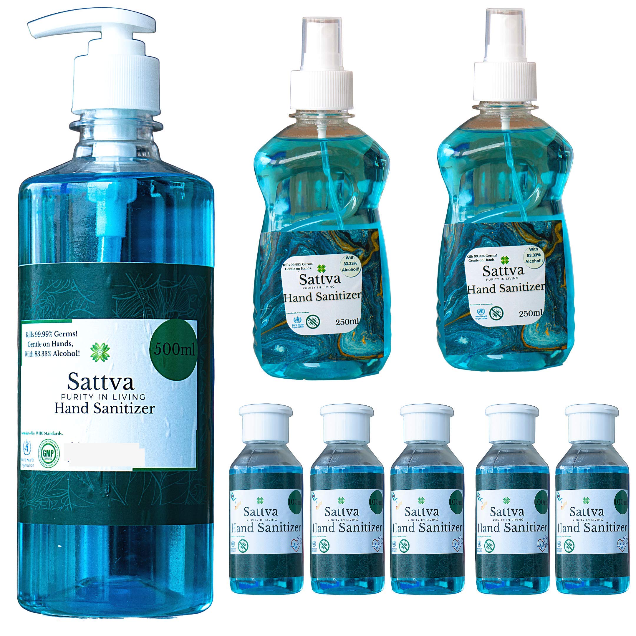 Sattva Family Pack(500ml Push Pump+ 2 200ml Mist Spray+ 5 100ml Bottles) Hand Sanitizer Bottle ,Sattva Waterless Hand Sanitizer 83.3% Alcohol Liquid Based Instant Germ Protection Sanitizing Liquid with Pump and Spray, Non Sticky, Gentle on Hands, Palm Cleaner Handrub | - Made in India Push Pump Kills 99.99% Germs and Viruses!