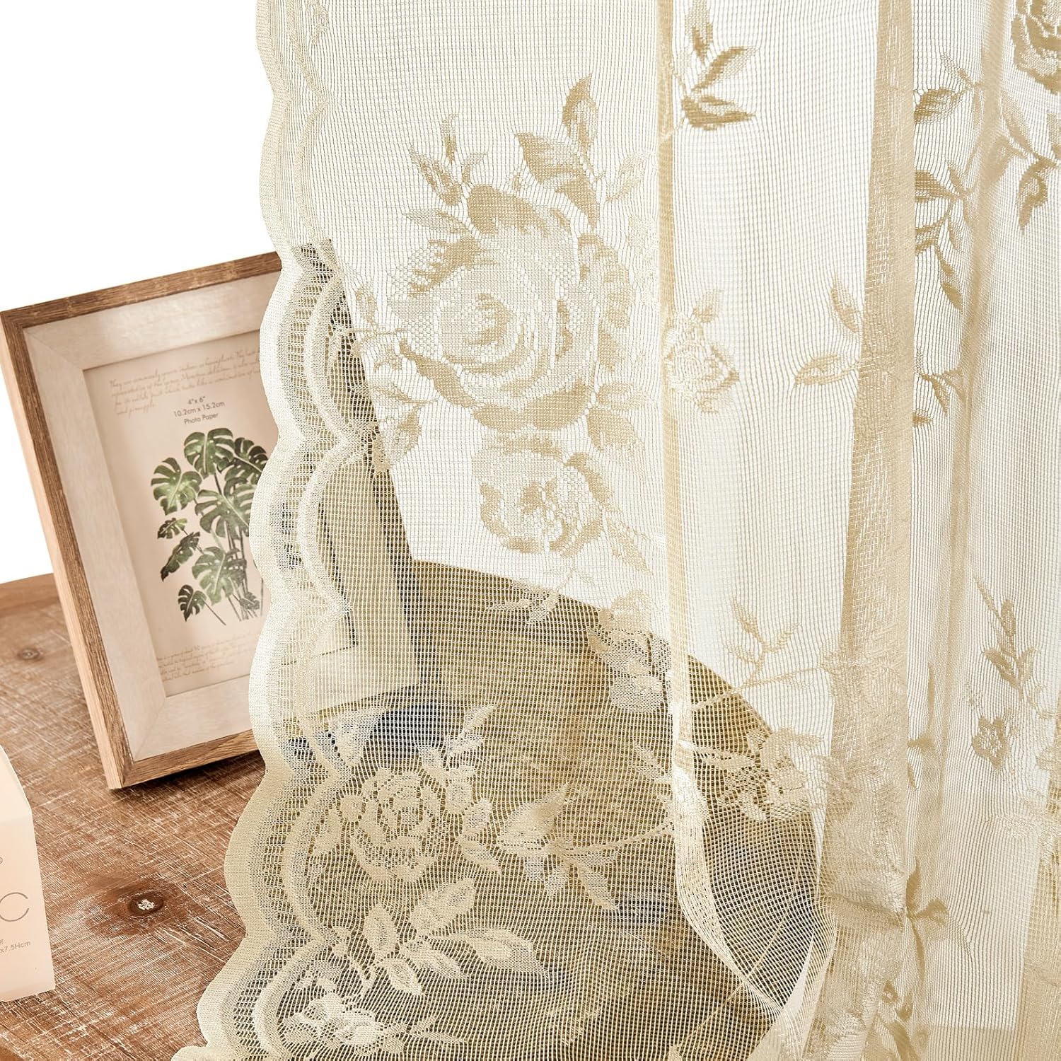 SEEKRIGHT Beige Lace Curtains 84 Inches Long Victorian Floral Sheer Curtains for Living Room Bedroom Decor Drapes Rod Pocket Light Filtering French Window Curtains 2 Panels Set for Dining Room, 52x84