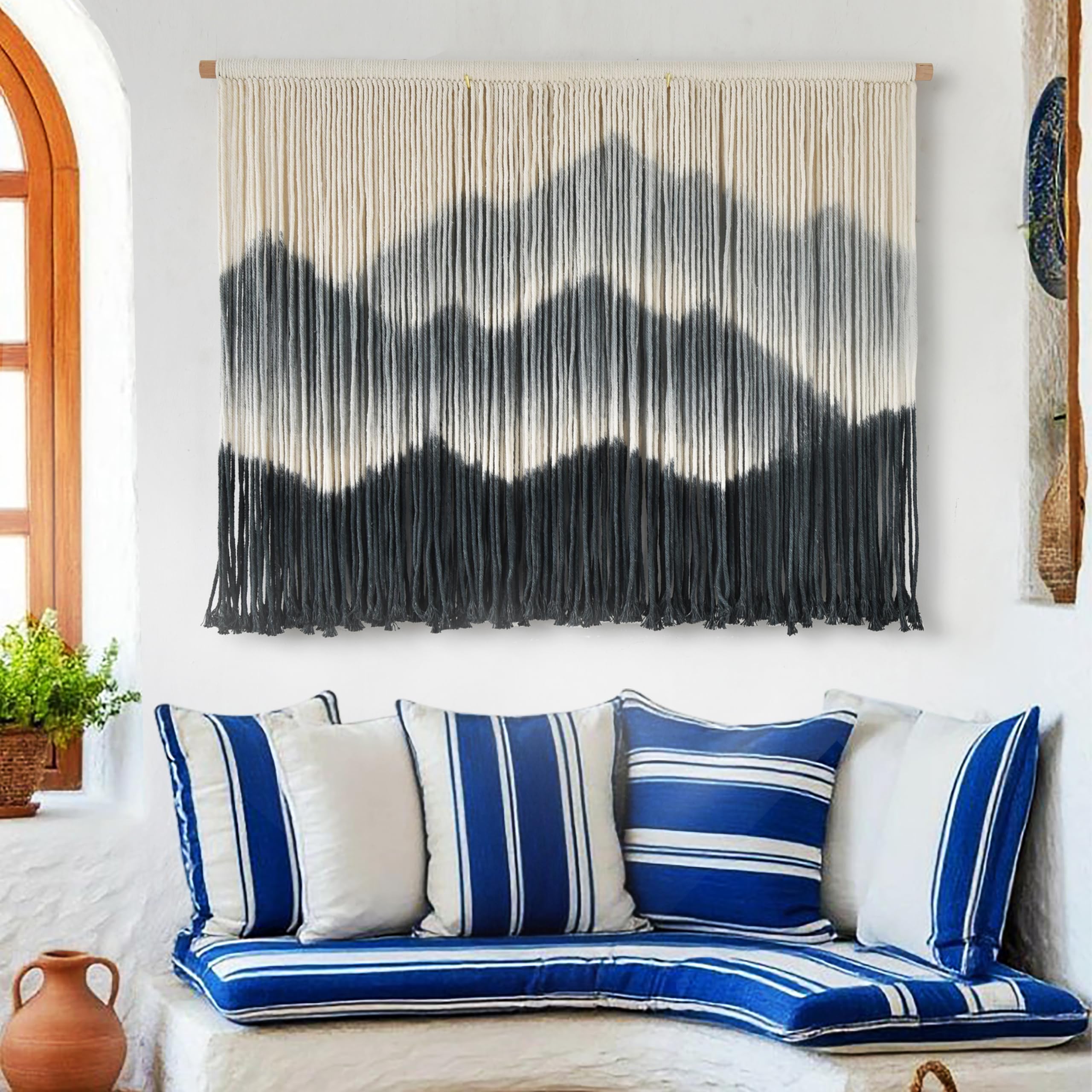 IOWER Macrame Wall Hanging Black Dip Dyed Boho Wall Art 27" W x 19" L