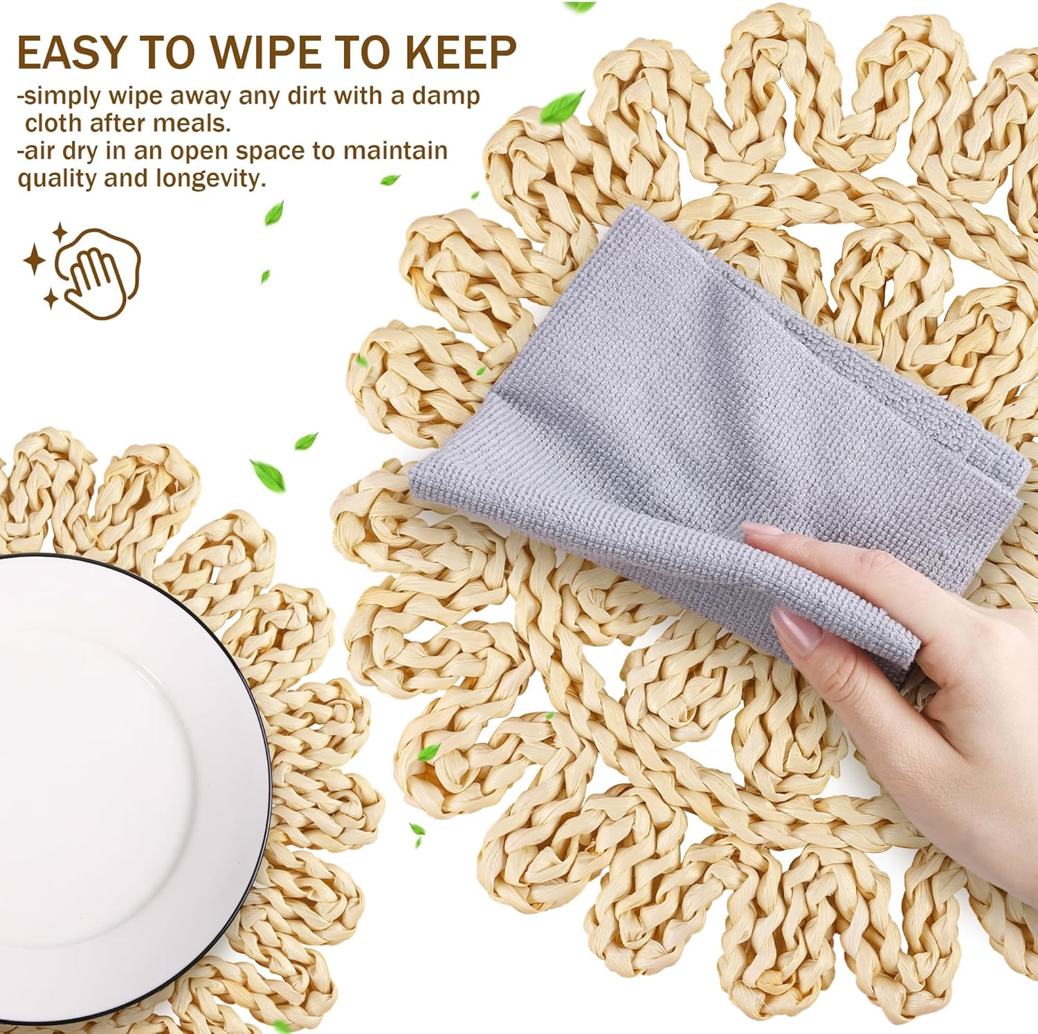 Kochorie 11.8 Inch Round Woven Placemats Set of 12 Handmade Corn Husk Placemats Natural Boho Rattan Woven Placemat Table Wicker Placemat for Farmhouse Spring Home Table