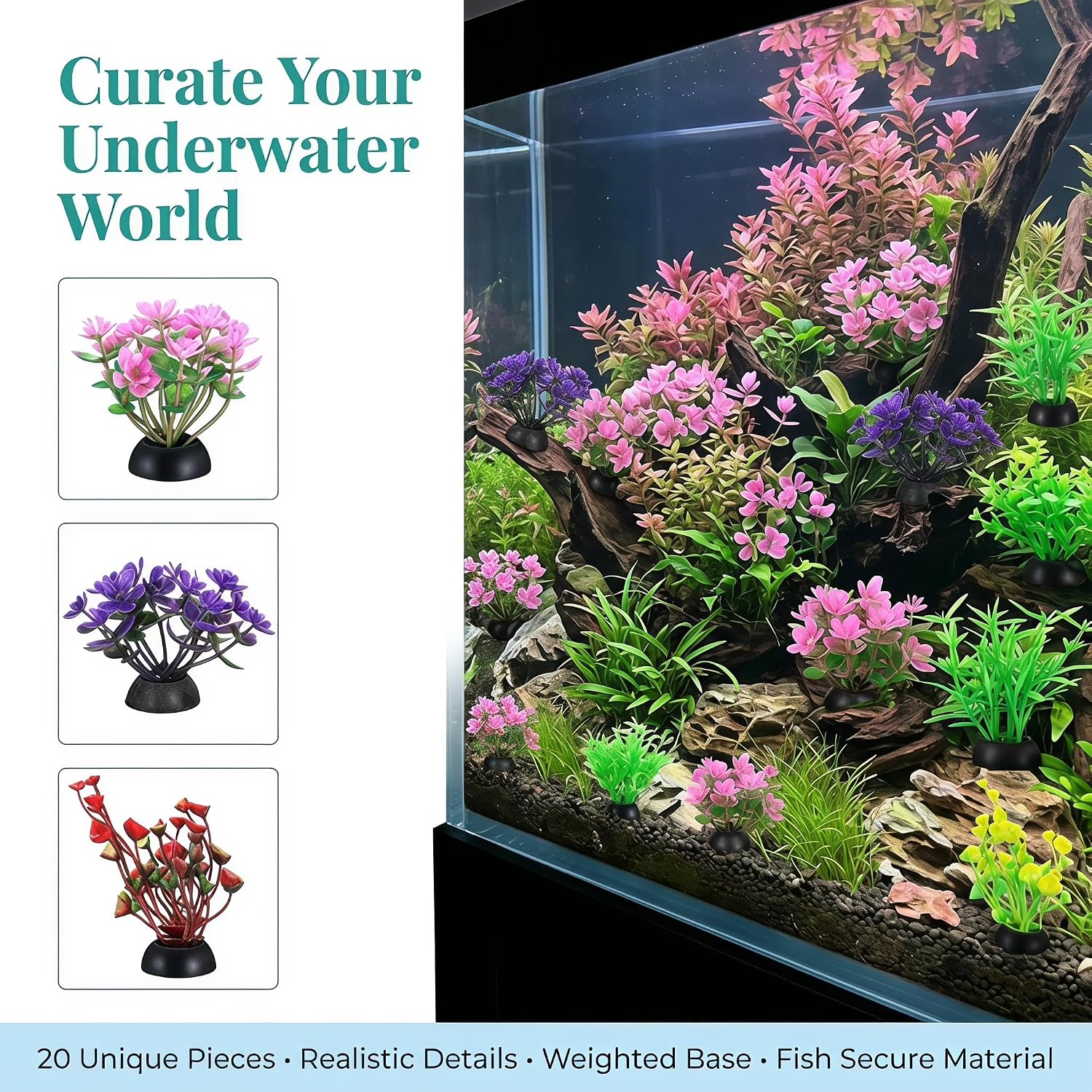 POPETPOP 40 Pcs Artificial Aquarium Plants - Mini Fish Tank Decorations | Plastic Fish Tank Landscaping Water Plants, Colorful Aquarium Decor Water Grass for Betta Goldfish Tank Accessories