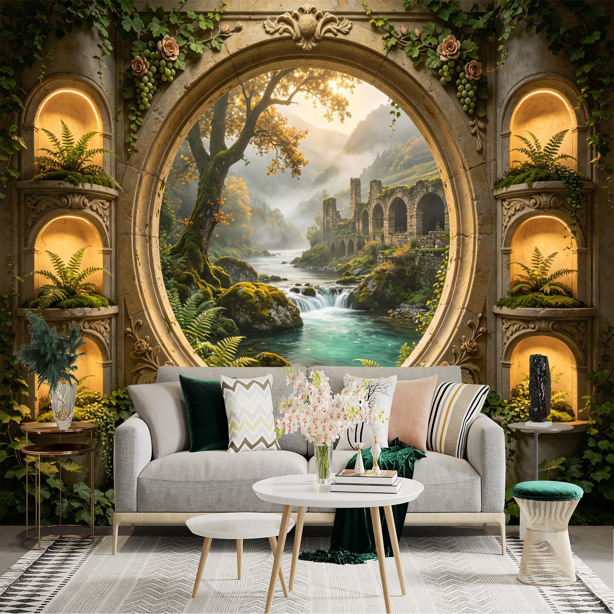 Custom Size Wall Sticker Mural， Ancient Stone Arch with River， Forest and Ruins Landscape， for wall Decoration， peelandstick wall Decals.