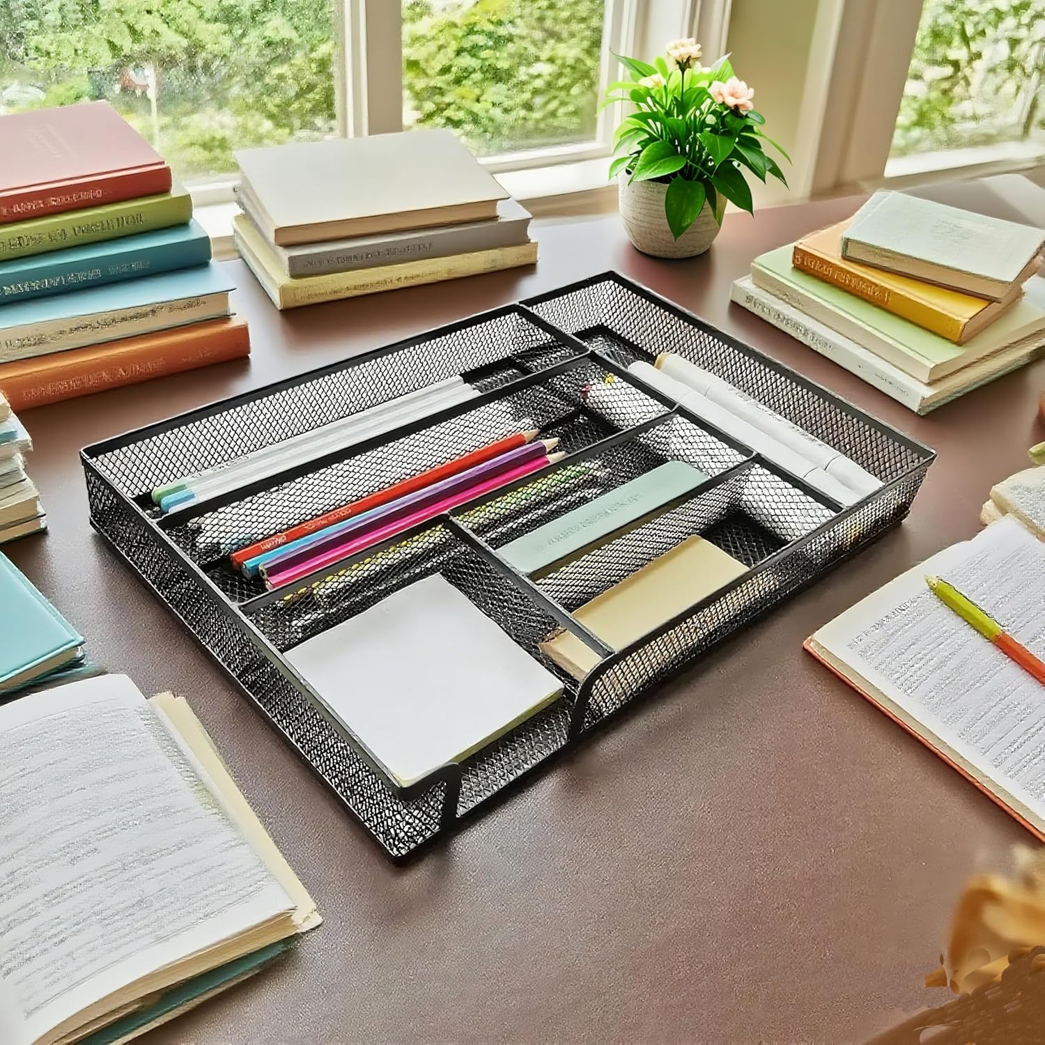 Desk Drawer Organizer Metal Mesh Drawer Organizer Tray for Office School or Home Supplies Desktop Storage Stationery, 6 Compartments, 12.6 x 8.27 x 1.57 inch，Black (2pc pack)