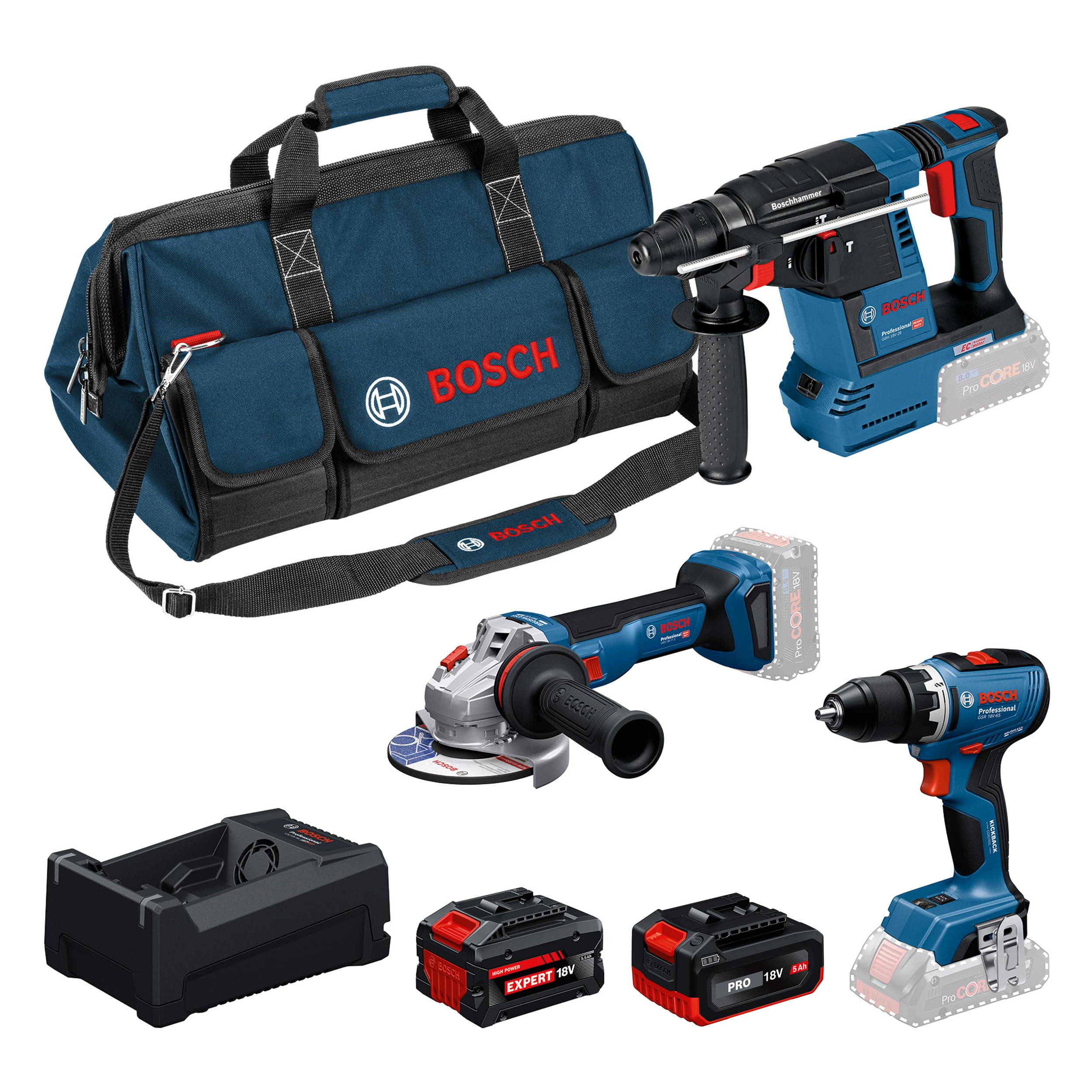 Bosch PRO 18V System Kit combiné : GSR 18V-65, GBH 18V-26, GWS 18V-11, 1x GBA 5.0Ah, 1x EXBA 5.5Ah, GAL 12V/18V-80, M-BAG