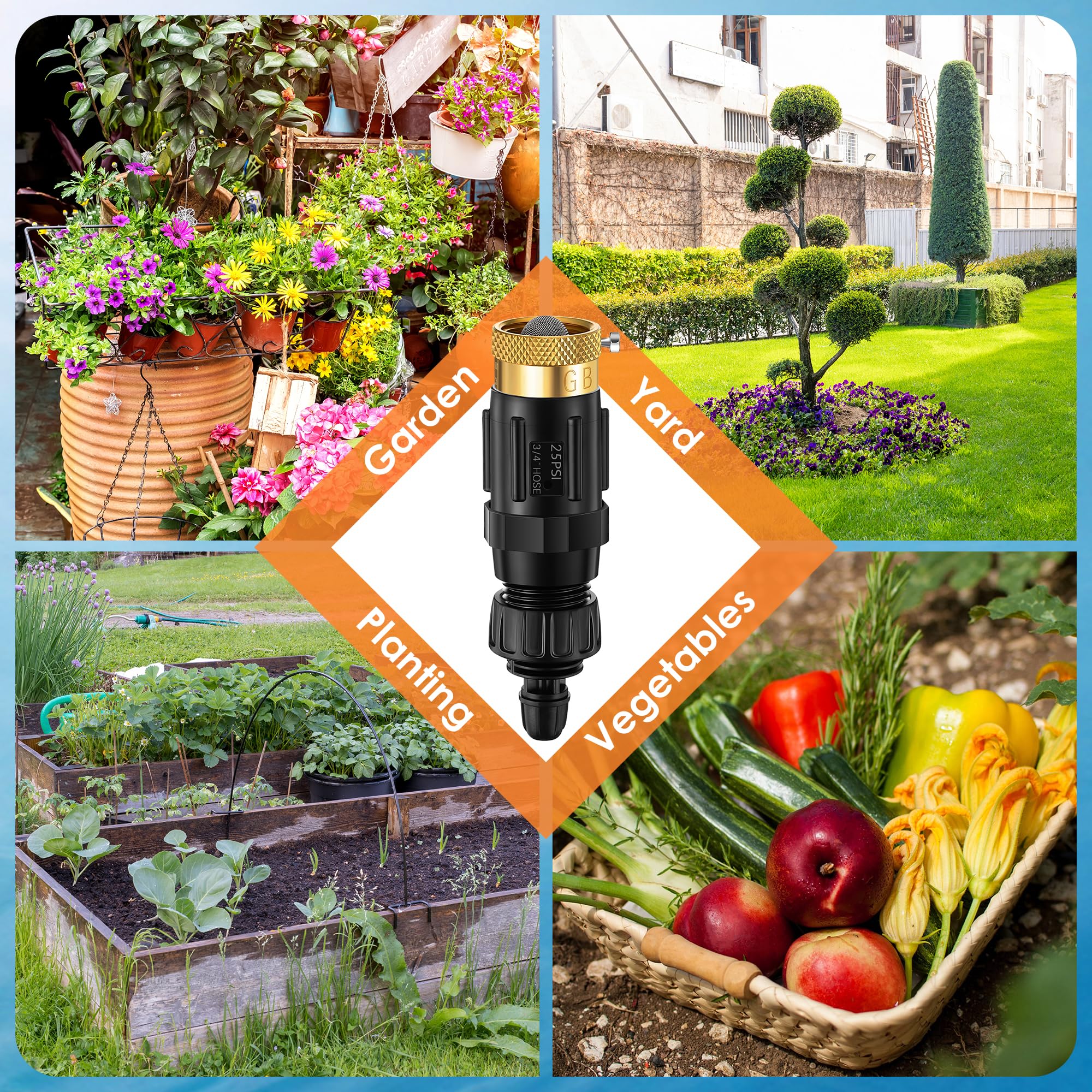 Adaptador de grifo de riego por goteo de 25 PSI, tubo de 1/4 pulgadas de conexión rápida a manguera de jardín de 3/4 pulgadas con prevención de reflujo, filtro, cinta de fontaneros, regulador
