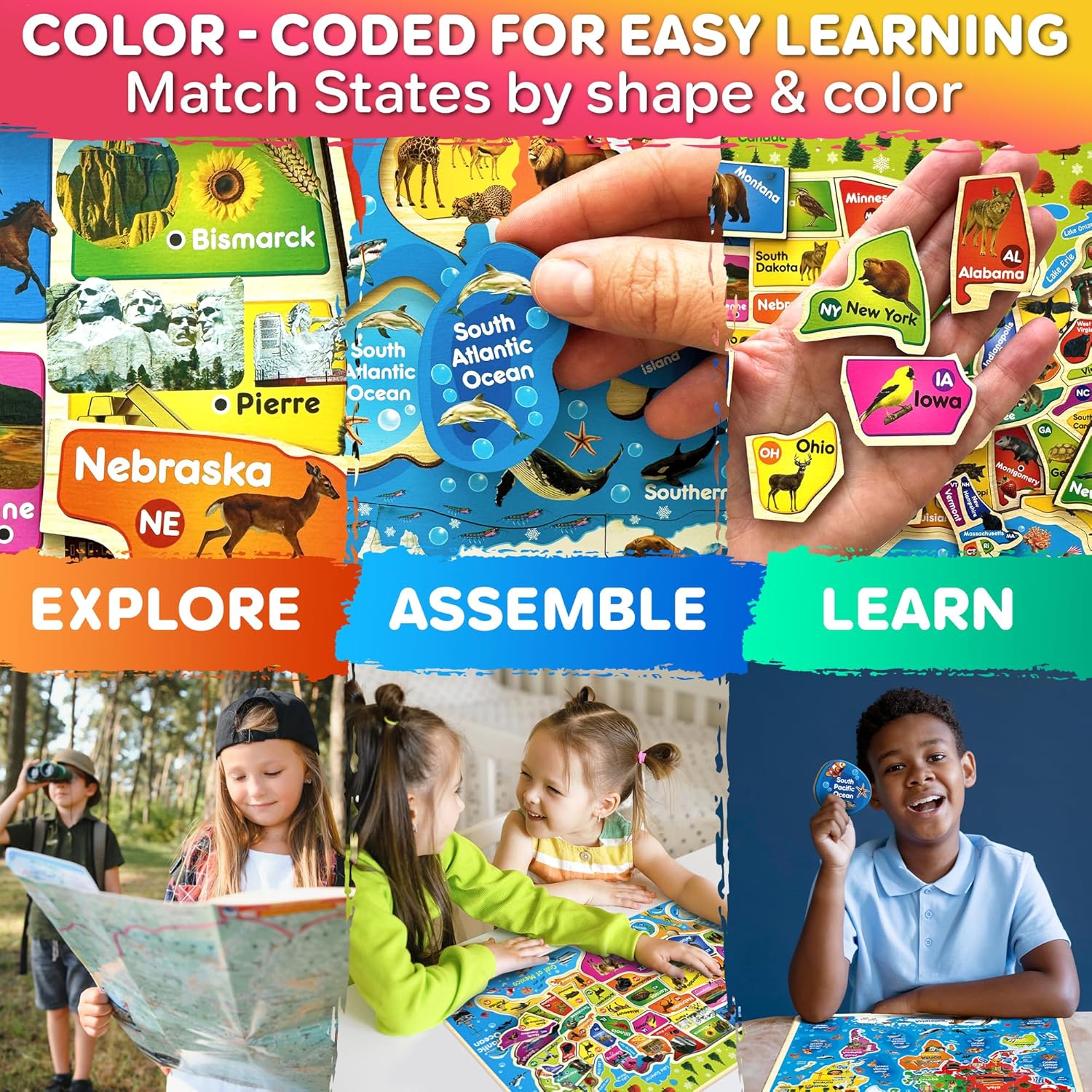 QUOKKA Puzzles for Kids Ages 4-6 - Realistic USA Map Wooden Puzzles for Toddlers 3-5 - Montessori Wood Educational Toys for 2-4 Years Old - United States Geography Learning Games for Kids 6-8