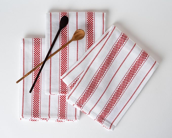 Kitchen Towels Set – Pack of 6 (20’’ x 30’’) Extra Large Premium Cotton Dish Towels for Kitchen – Chain Stripe Towels – Absorbent – 100% Cotton – with Hanging Loop – Red
