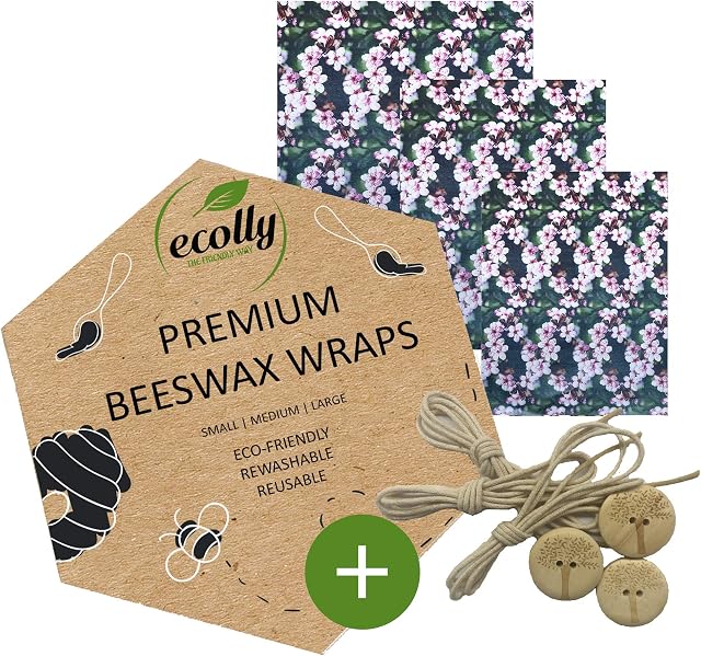 Zestaw 3 okładów z wosku pszczelego (S, M, L), papier z wosku pszczelego, wosk pszczeli Wrap, bez plastiku i wielokrotnego użytku, BEZ oleju jojoba, w tym guzik i nici bawełniane - Kwiat Wiśni