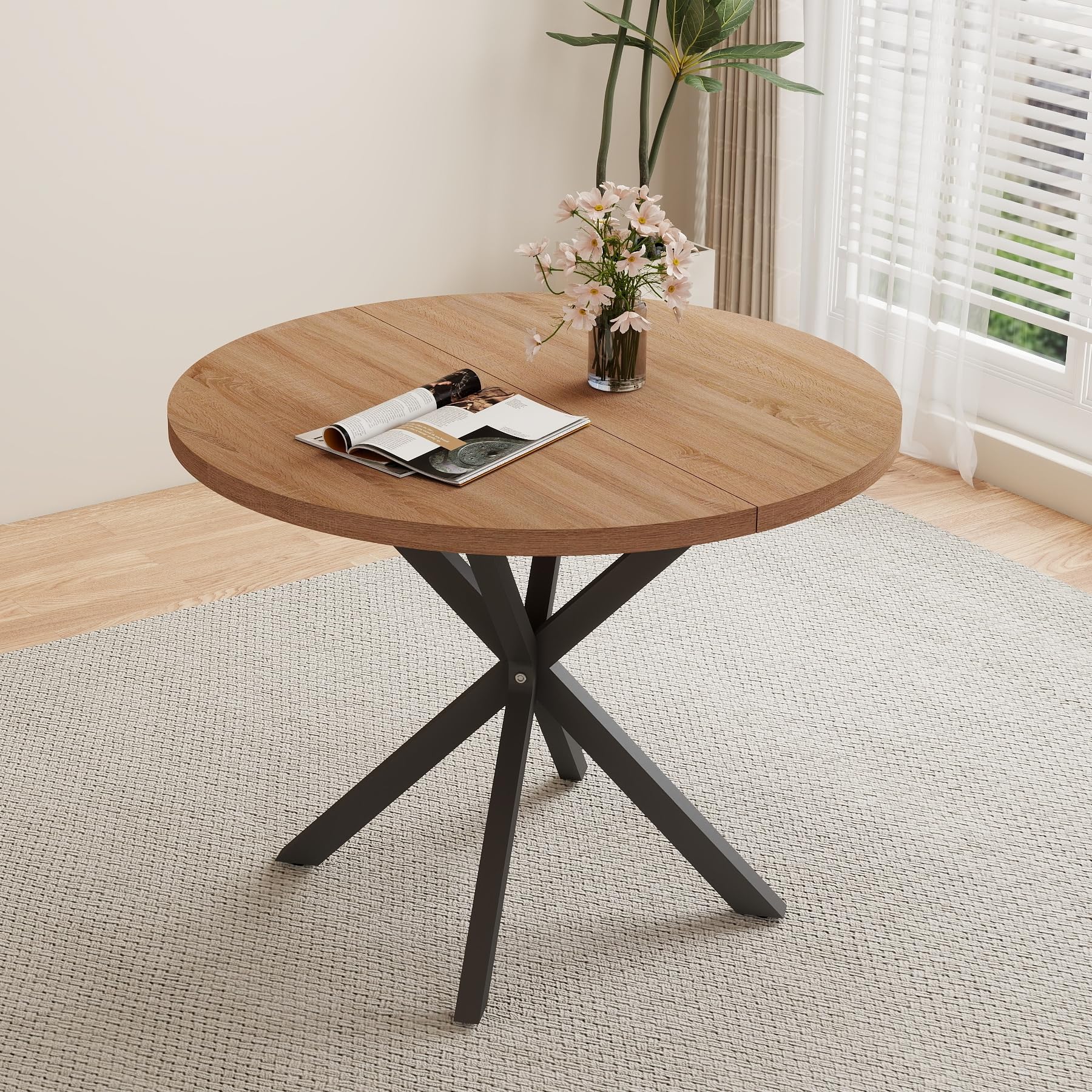 Esstisch und Stuhlset, Runder Esstisch mit 4 stühlen aus Cord,Durchbrochener Gepolsterte Küchenstühle,100cm Runder Esstisch,Küchentisch mit Stühlen,für Esszimmer,Küche(Dunkel + Rosa)