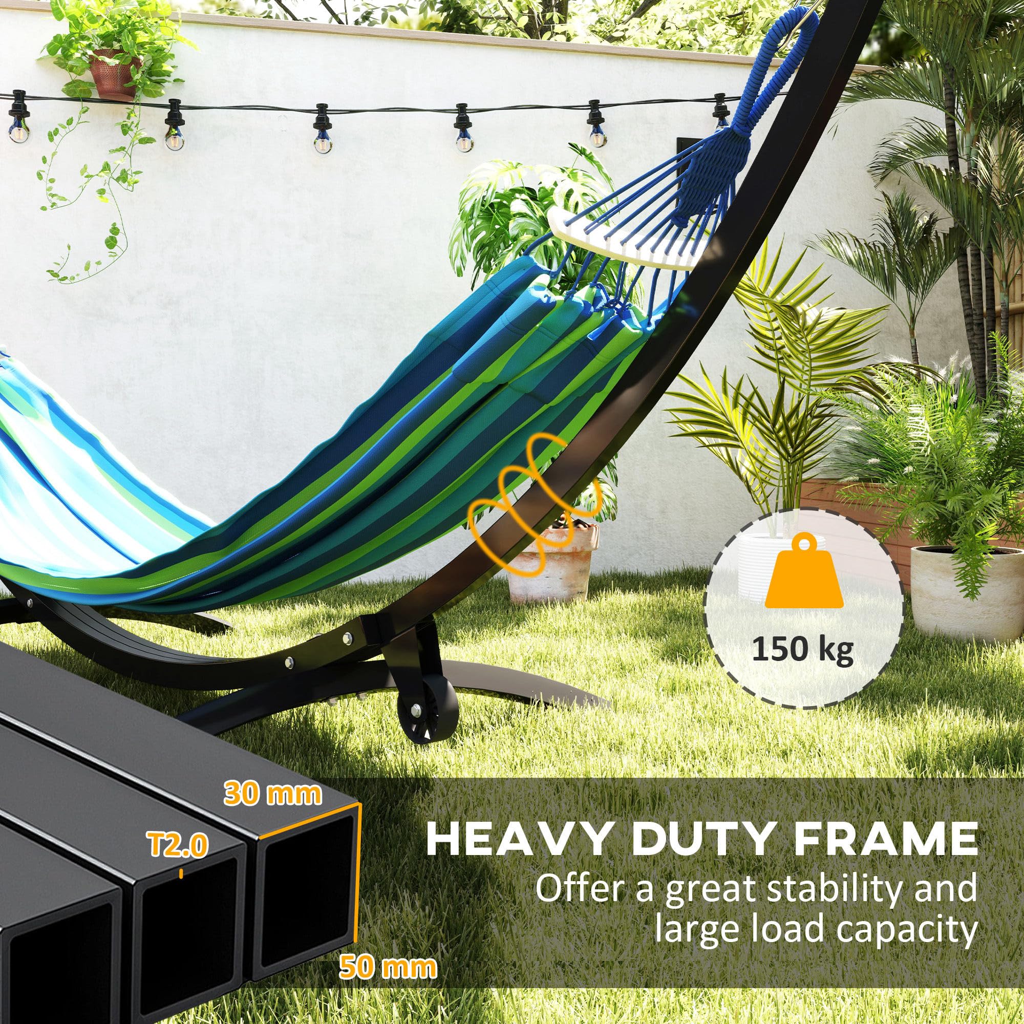 Outsunny Supporto per Amaca in Metallo con Ruote, Supporto per Amaca con carico Massimo di 150 kg con Catene, Ganci, per Uso Esterno e Interno, 337 x 118 x 118 cm Nero