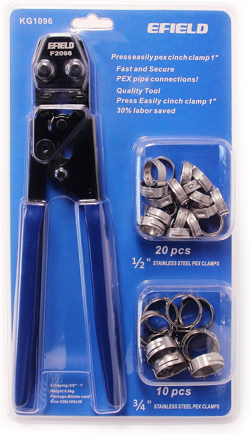EFIELD Pex Cinch Clamp Crimping Tool for Clamps Sizes: 3/8" to 1" 20 pcs 1/2" and 10 pcs 3/4" Clamps Fits,(TOOL008)