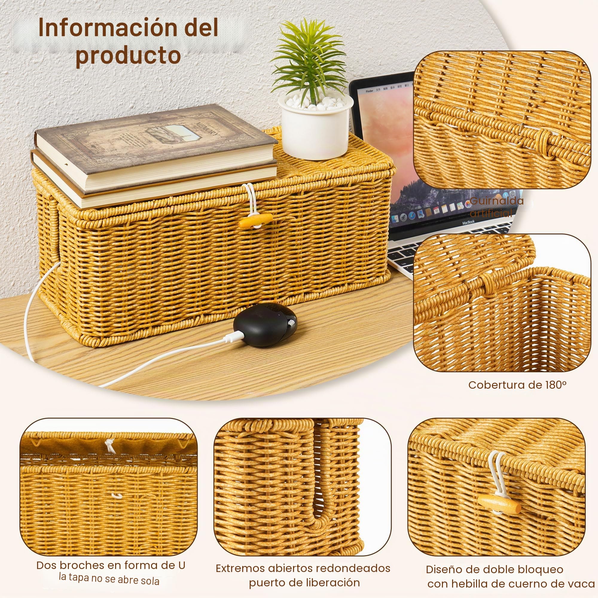 Gucass Juego de 2 Organizadora Cables de Ratán, Cajas Guarda Cables con Tapa, Caja para Cables con 10 Bridas, Organizador Cables Caja para Ocultar Regletas de Enchufes y Cables, para Oficina, Hogar