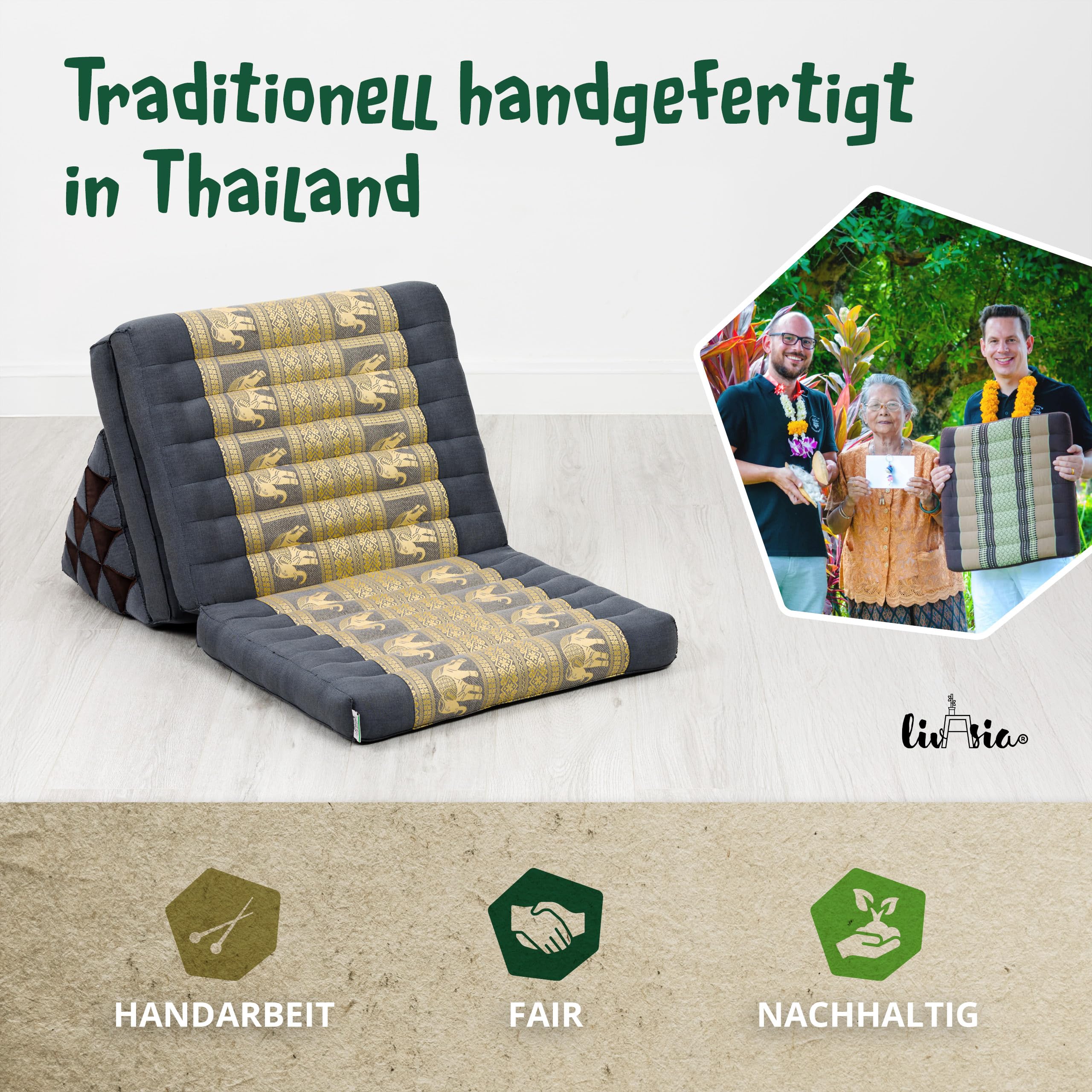 livasia Thaikissen 3 Auflagen Thaiseide - 175x55x8cm - Dreieckskissen mit Klappmatratze, Rückenkissen faltbar, Thaimatte zum Klappen, Kapok handgefertigt, Meditationskissen (Grau/Elefanten Seide)