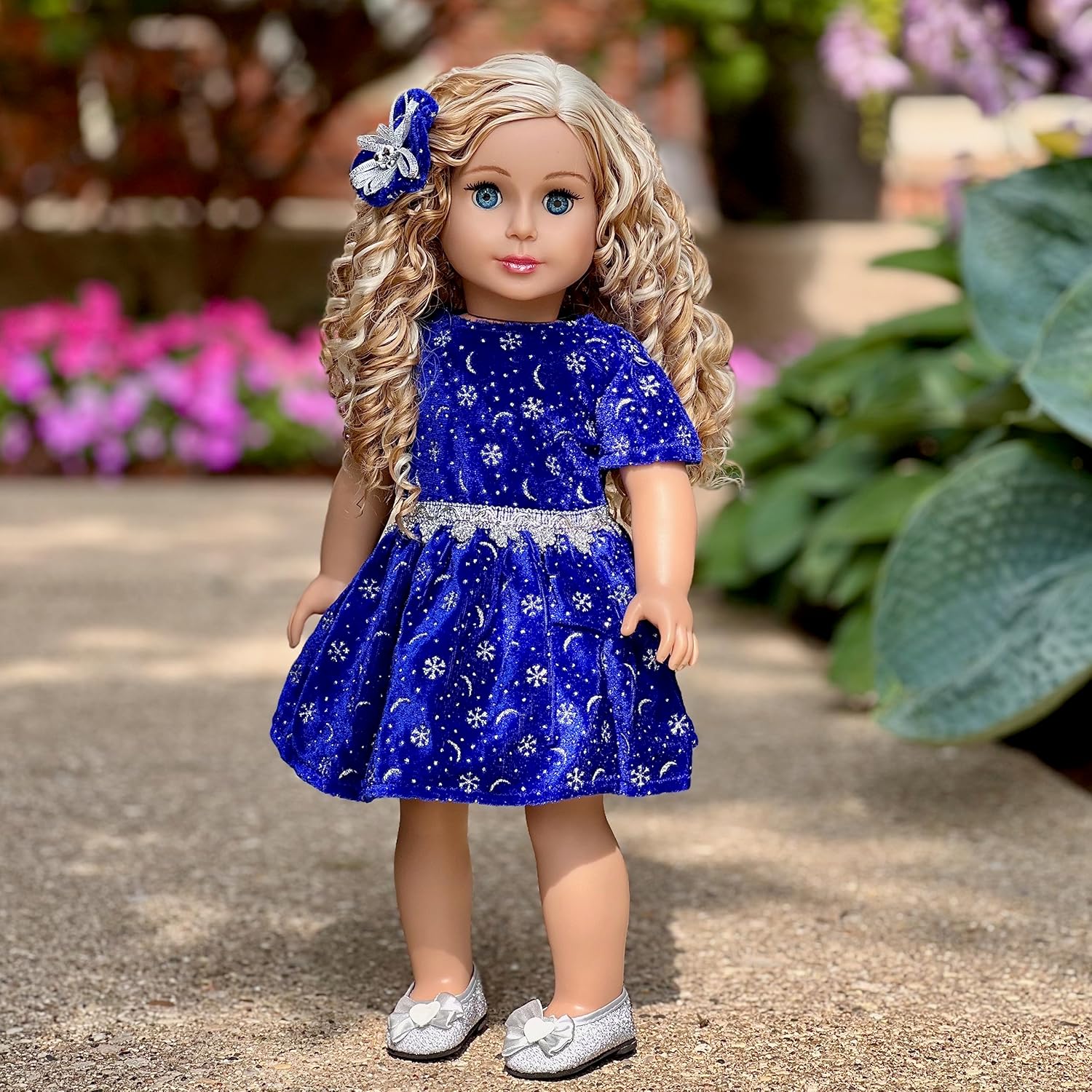 18 inch Doll Clothes - Midnight Blue - 3 Piece Outfit - Dark Blue Sparkling Holiday Dress with Matching Silver Shoes and Headpiece - Clothes Fits American 18 Inch Doll (Doll Not Included)