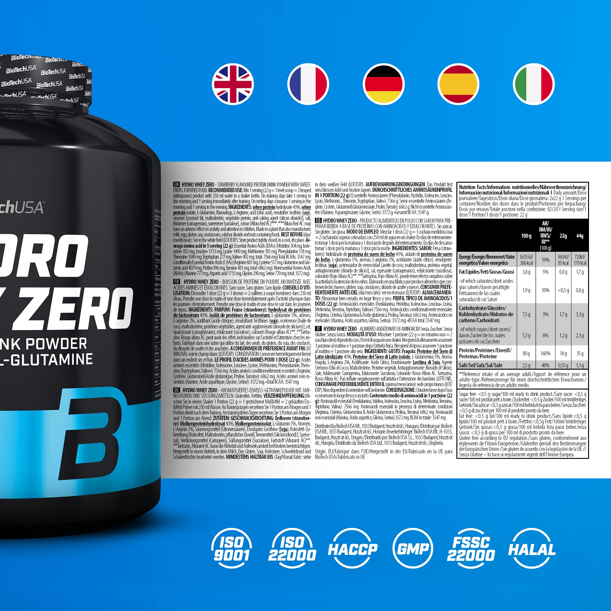 BioTechUSA Hydro Whey Zero - Sin Gluten, Sin Azúcar, Sin Grasa | 80% Contenido Proteico | Rápida Absorción | Complejo Proteico de Suero de Leche, 1.816 kg, Fresa