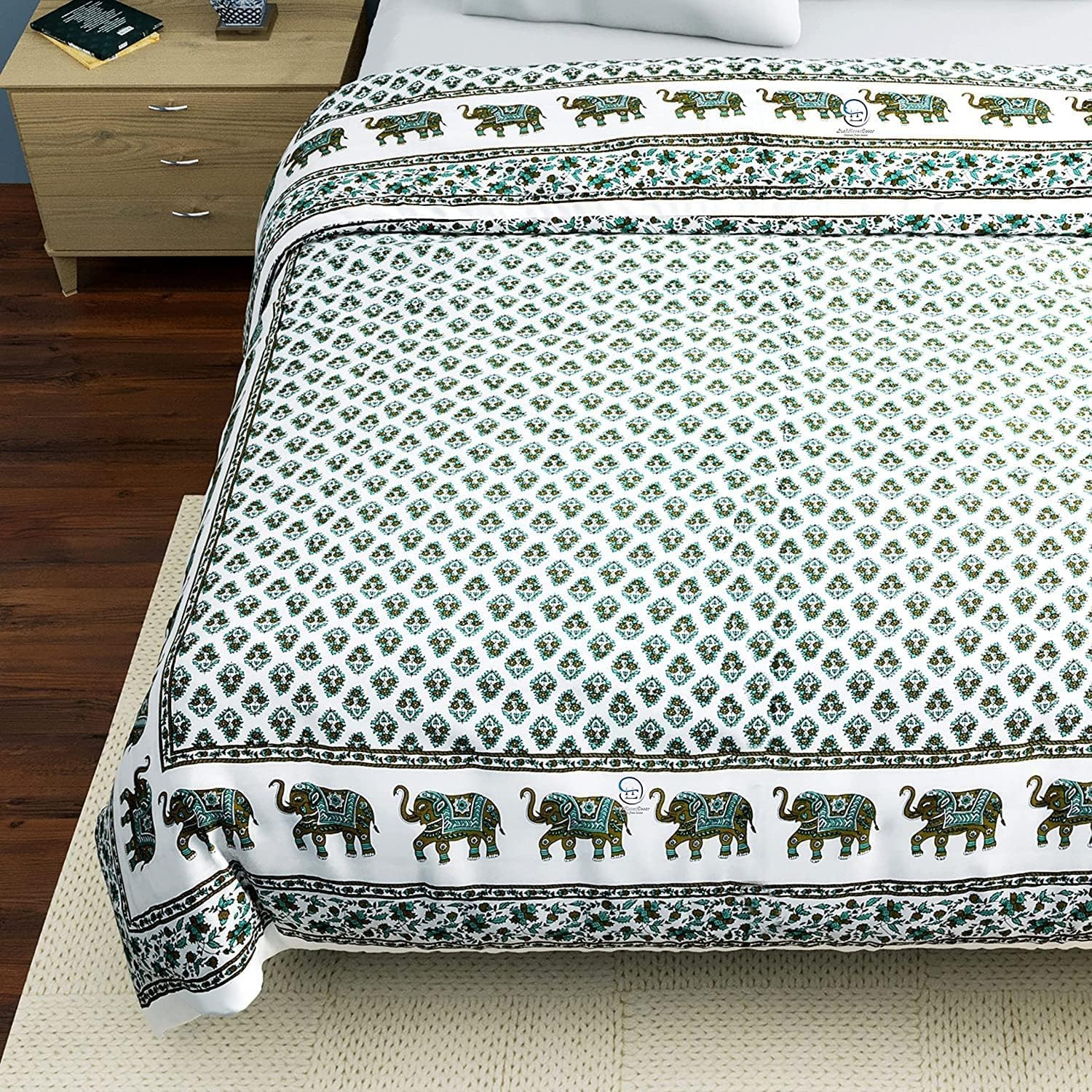 Pure Cotton 400 Thread Count Lightweight Bedspread Jaipuri Pattern Printed Razai/Rajai Quilt Bedding Soft Comfortable All Season (Design-D-03)