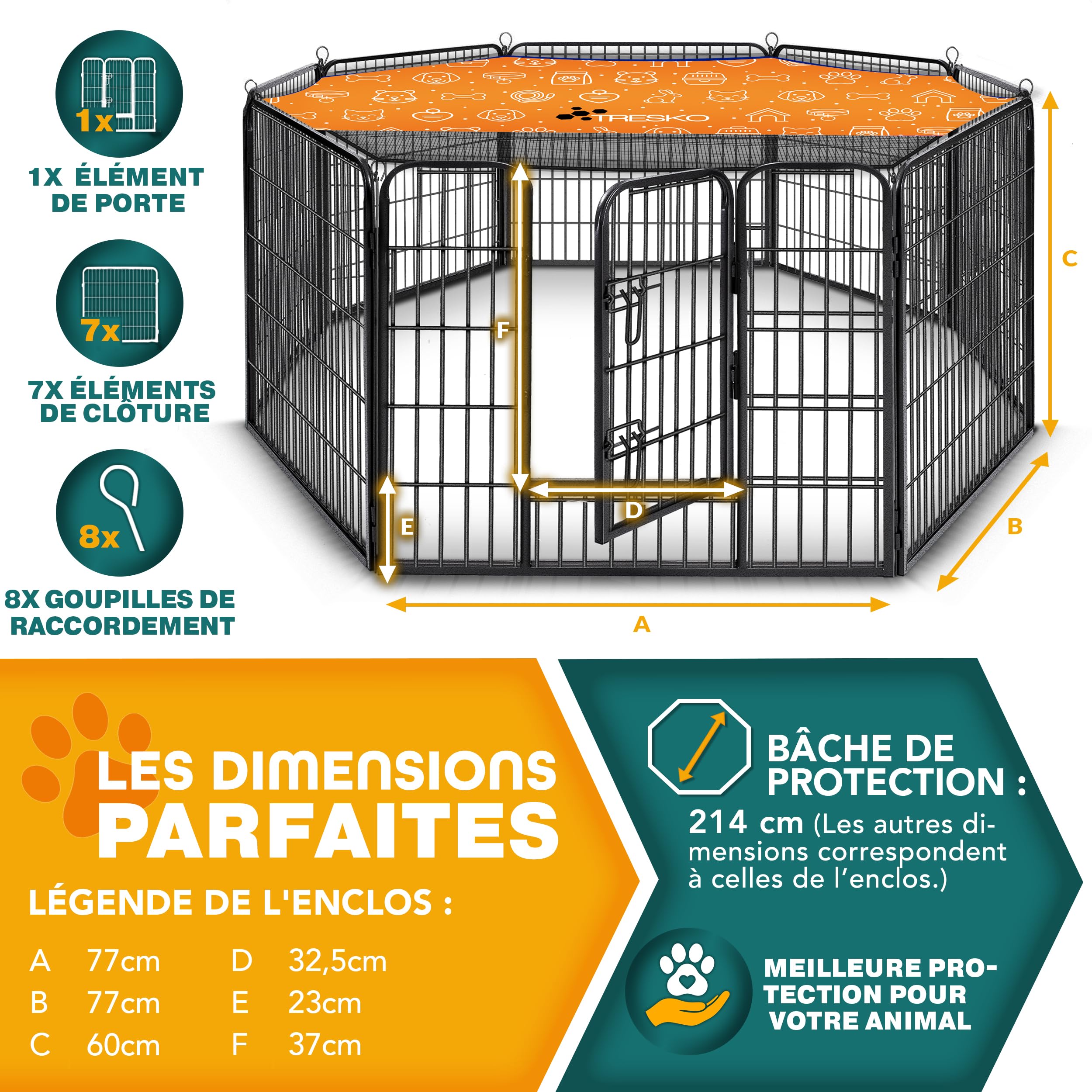 TRESKO Parc d'extérieur pour Chiens et animalerie | Enclos en métal pour Chien | Cage pour Chiens Chiots Animaux de Compagnie | Circonférence = 640 cm (Noir, Hauteur 60 cm)