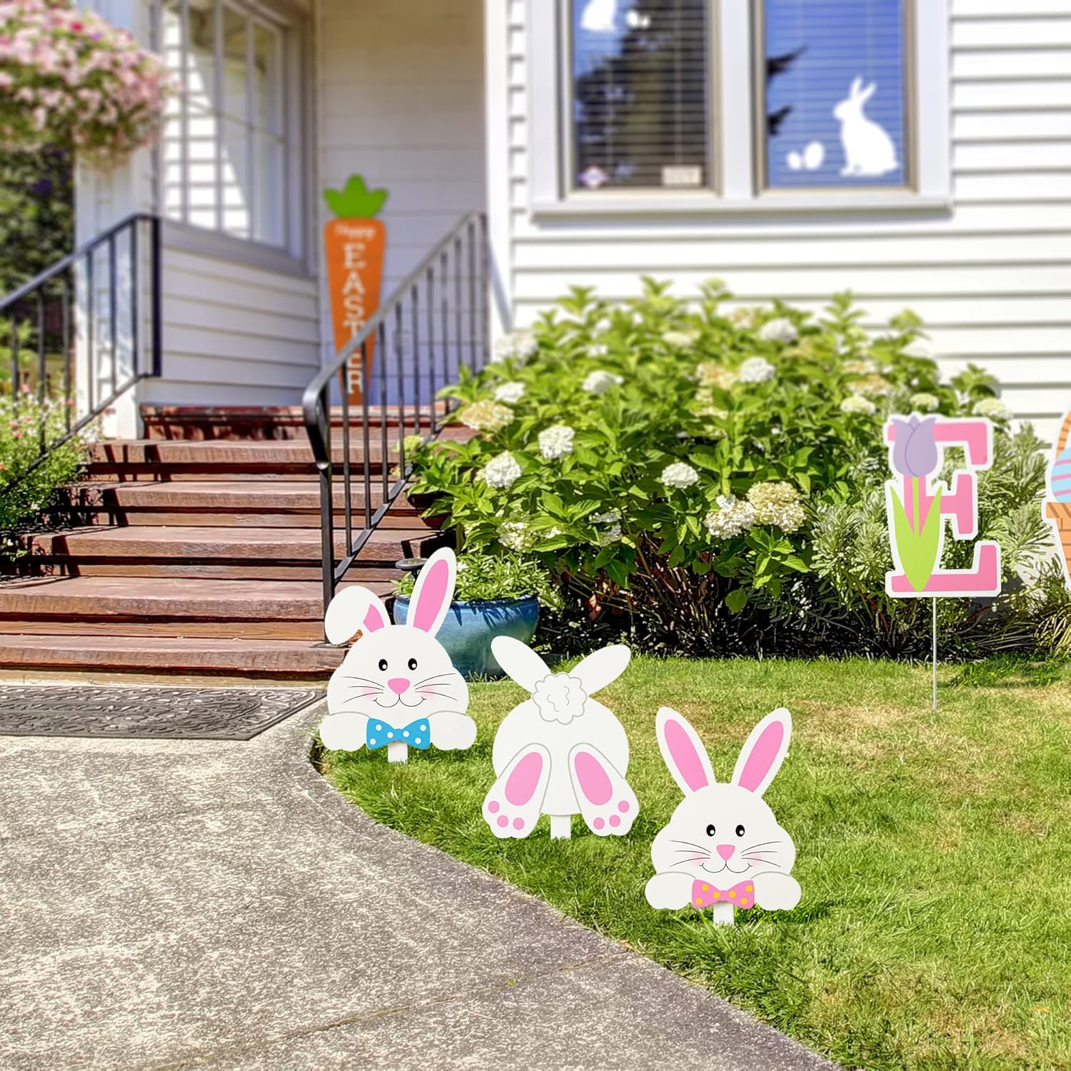 Glitzhome 3 Pack Easter Bunny Yard Signs with Stakes, 15"H Wooden Waterproof Bunny