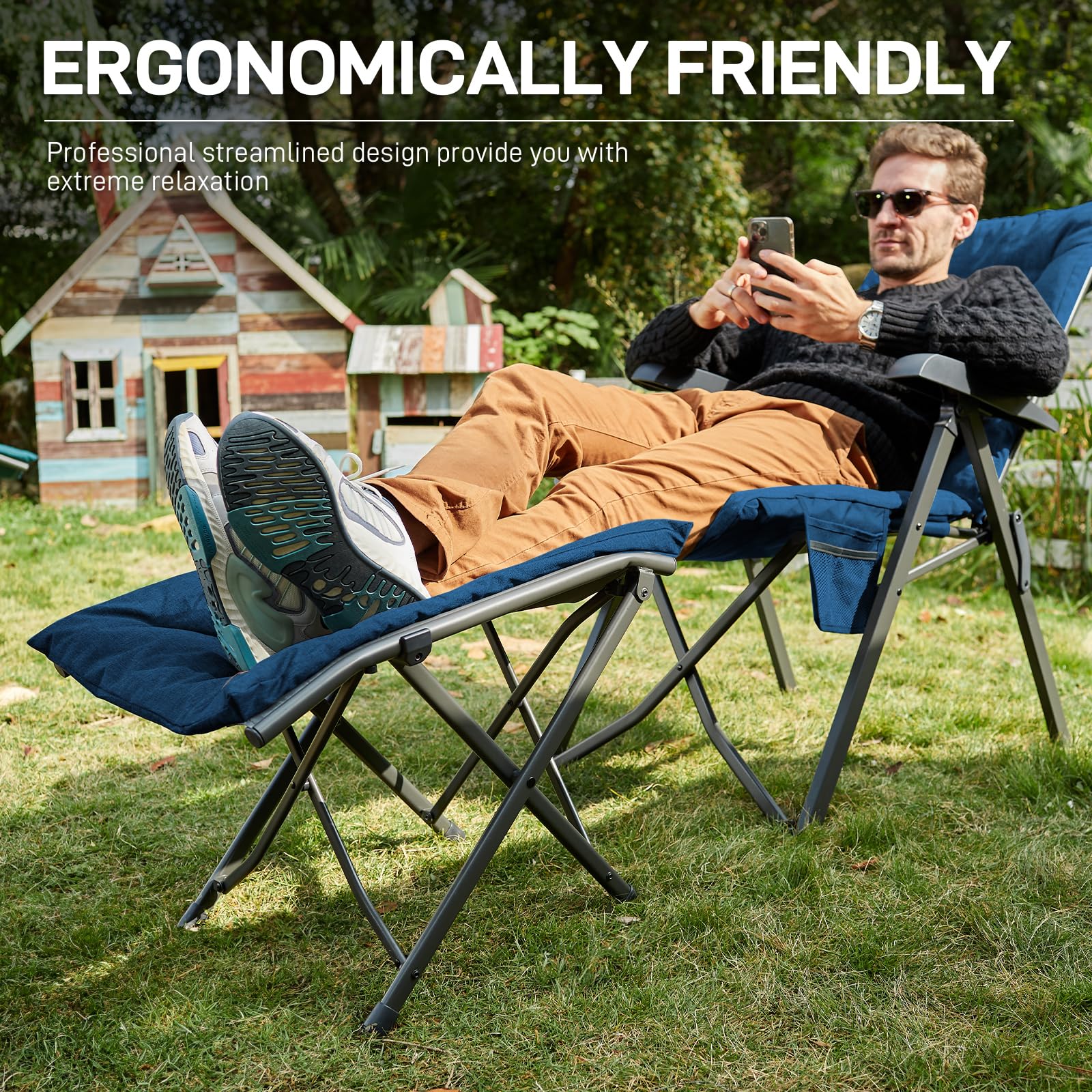 EVER ADVANCED Repose-pieds de camping pliable ergonomique，avec coussin | Repose-pieds pliable 47cm, support pour chaise de jardin et balcon, avec sac de transport, bleu