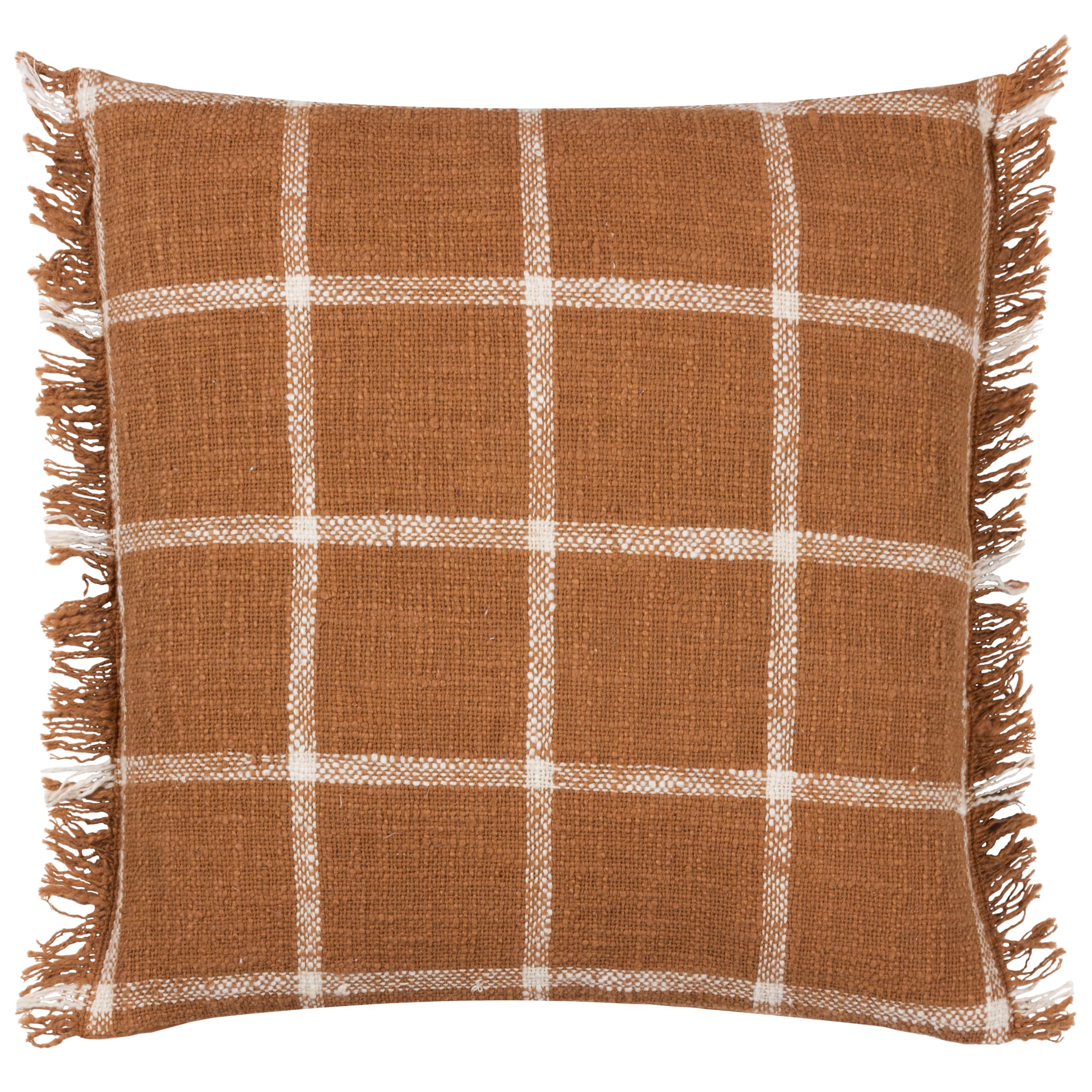 Yard furn Beni Polyester Filled Cushion – Woven Check Cotton with Double Fringed Trim (Ginger/Natural – 45cm x 45cm)