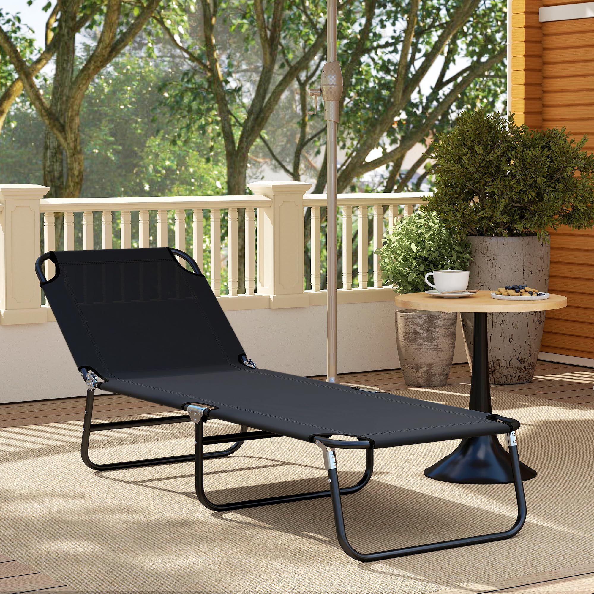 Outsunny Tumbona Plegable Reclinable con Ángulo Ajustable de 5 Posiciones para Jardín Exterior Piscina Terraza Camping Carga 120 kg 188x56x28 cm Negro