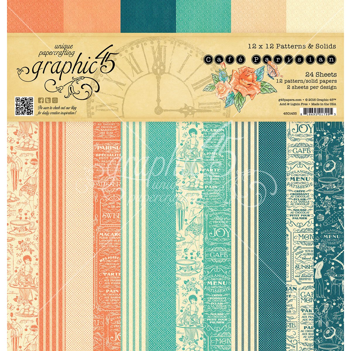 Graphic 45 Cafe Parisian 12x12 Patterns & Solids Paper Pad, Multicoloured