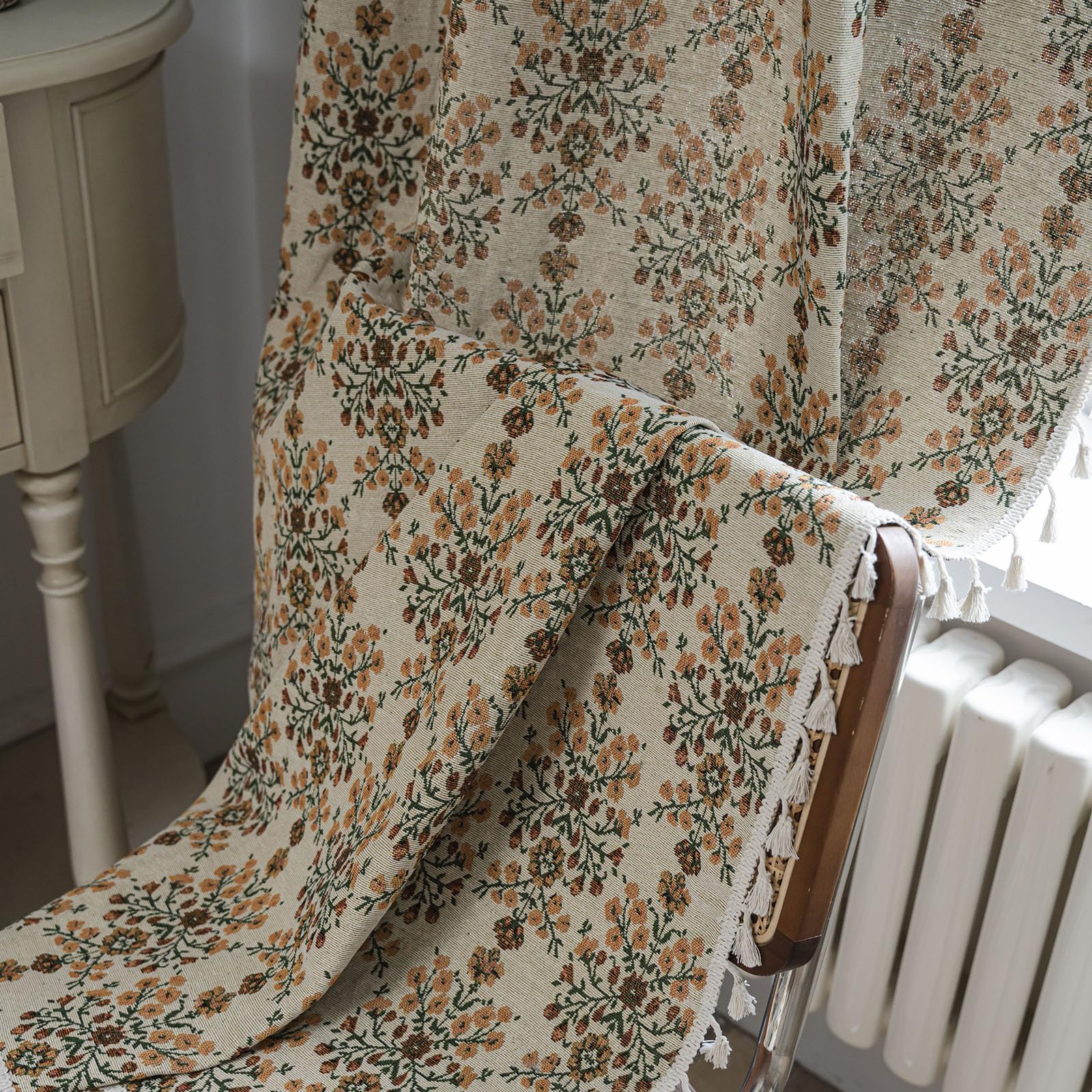 BHUSB Farmhouse Curtains for Living Room 63 Inch Length,Boho Floral Cotton Linen Window Curtains Semi-Blackout Drapes for Bedroom,Bohemian Decoration Drapes,2 Panels