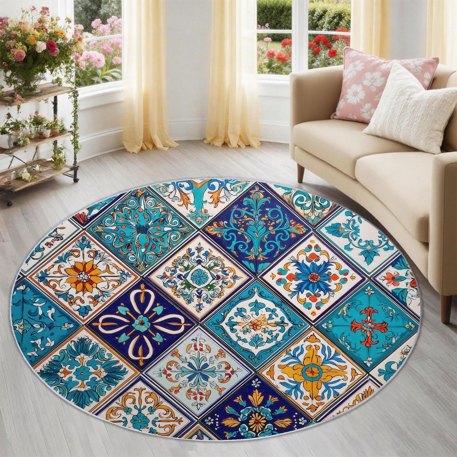Tapis lavable machine 180 cm antidérapant au motif géométrique bleu