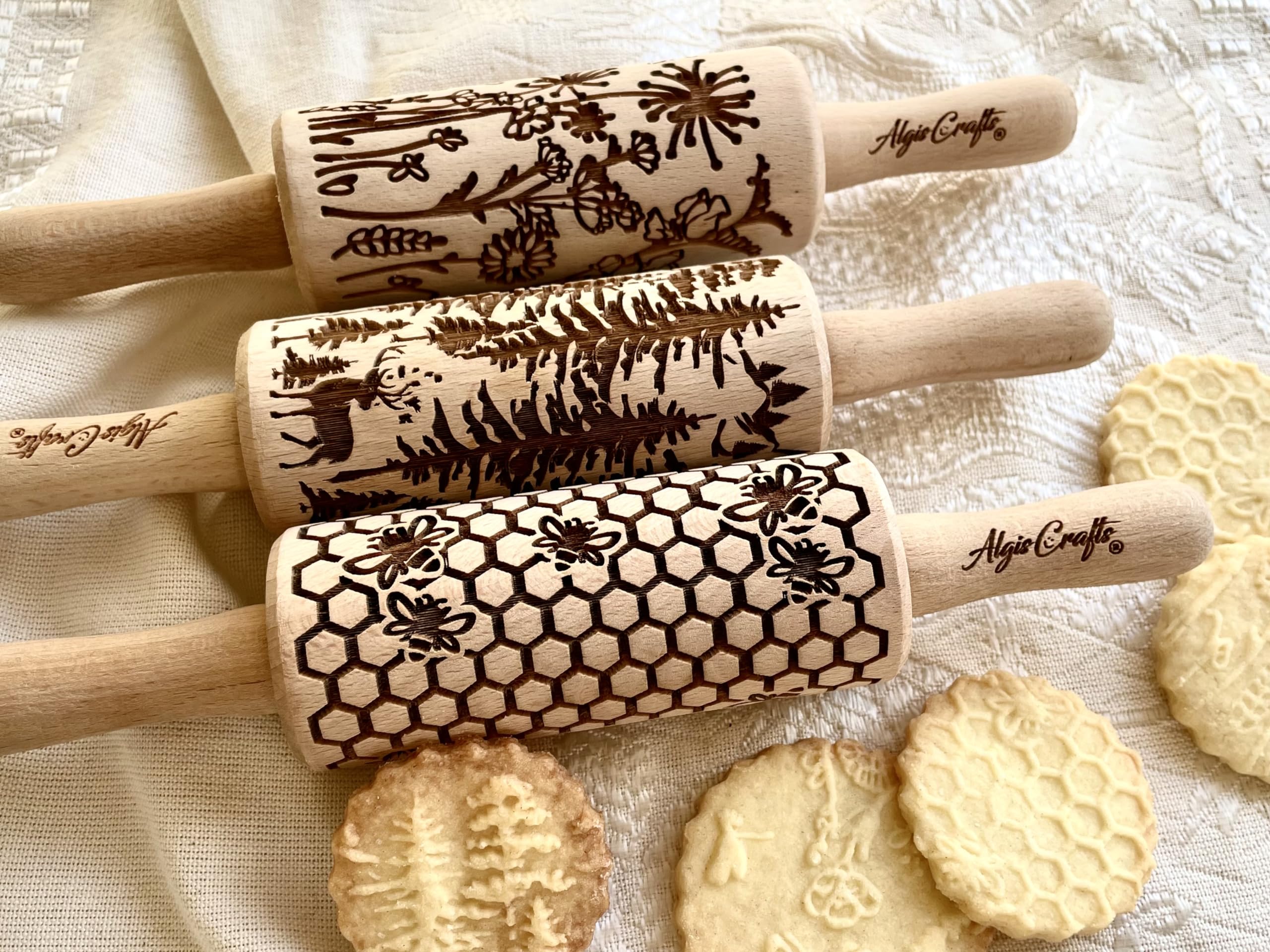 3 Mini Embossed Rolling Pin Set - WILD. Wooden laser engraved embossing dough roller with Bees, Meadow and Forest Patterns for Cookies and Pottery by Algis Crafts