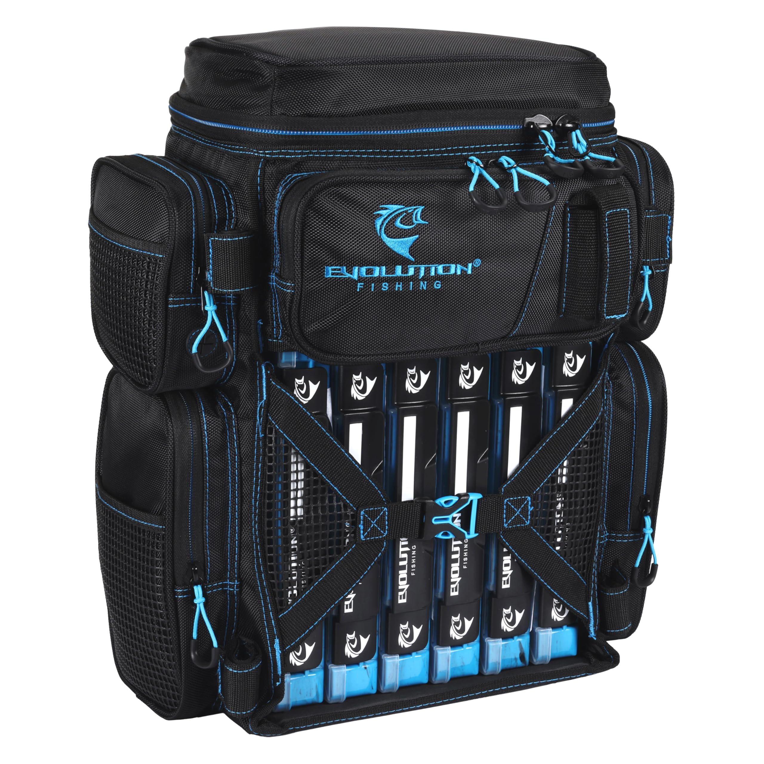 Evolution Fishing Drift Series Tackle Backpack – Blue, 3600 Size, Outdoor Rucksack w/ 6 Fishing Tackle Trays, Built in Rain Fly, Heavy Duty Fishing Backpack, Tackle Carrying Case