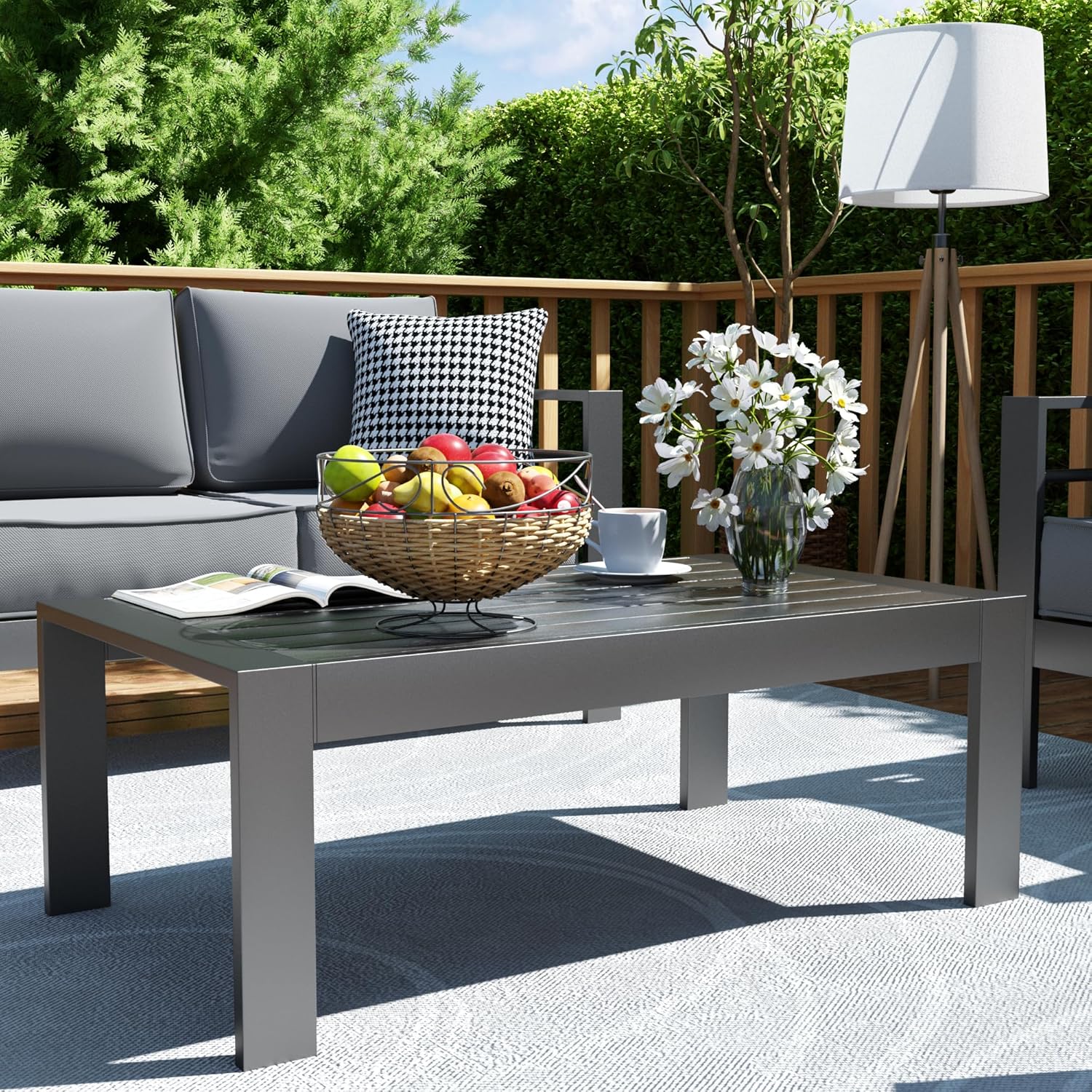 Amopatio Outdoor Coffee Table, Aluminum Modern Patio Coffee Tables with Imitation Wood Top for Balcony Garden Backyard, Dark Grey