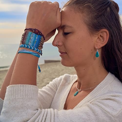 Miniatura 3 de Woven Braided Fishtail Rope Bracelet in Teal, Aqua and Metallic Silver Cord with Hematite Stones - Handmade Drawstring Size Adjustable Waterproof