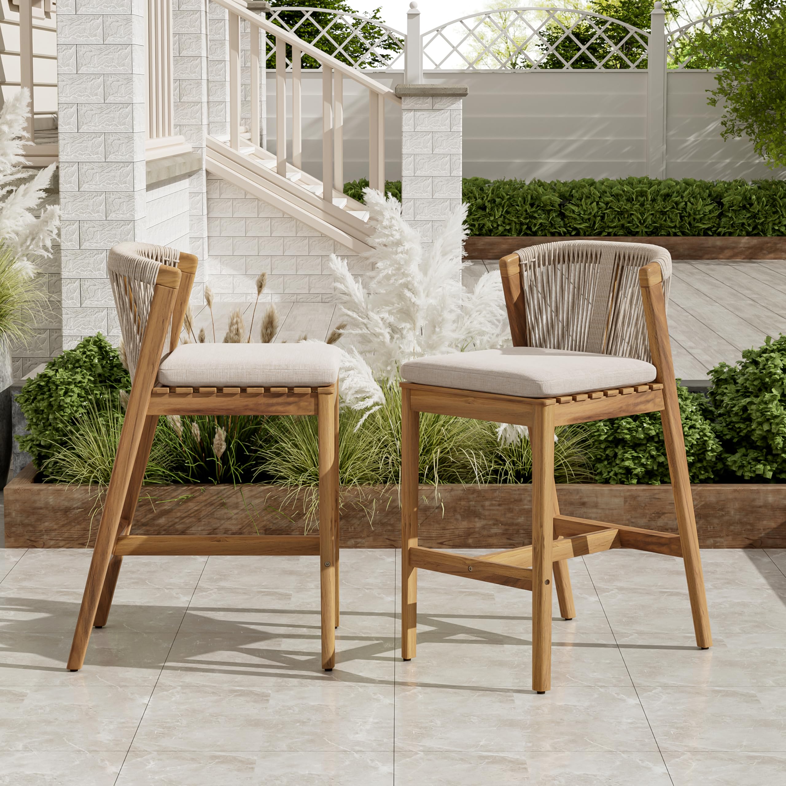Merax Outdoor Bar Stools Set of 2, Heavy-Duty Boho Woven Barstools, Acacia Wood Counter Height Bar Stools with Curved Backrest, Bar Height Chairs with