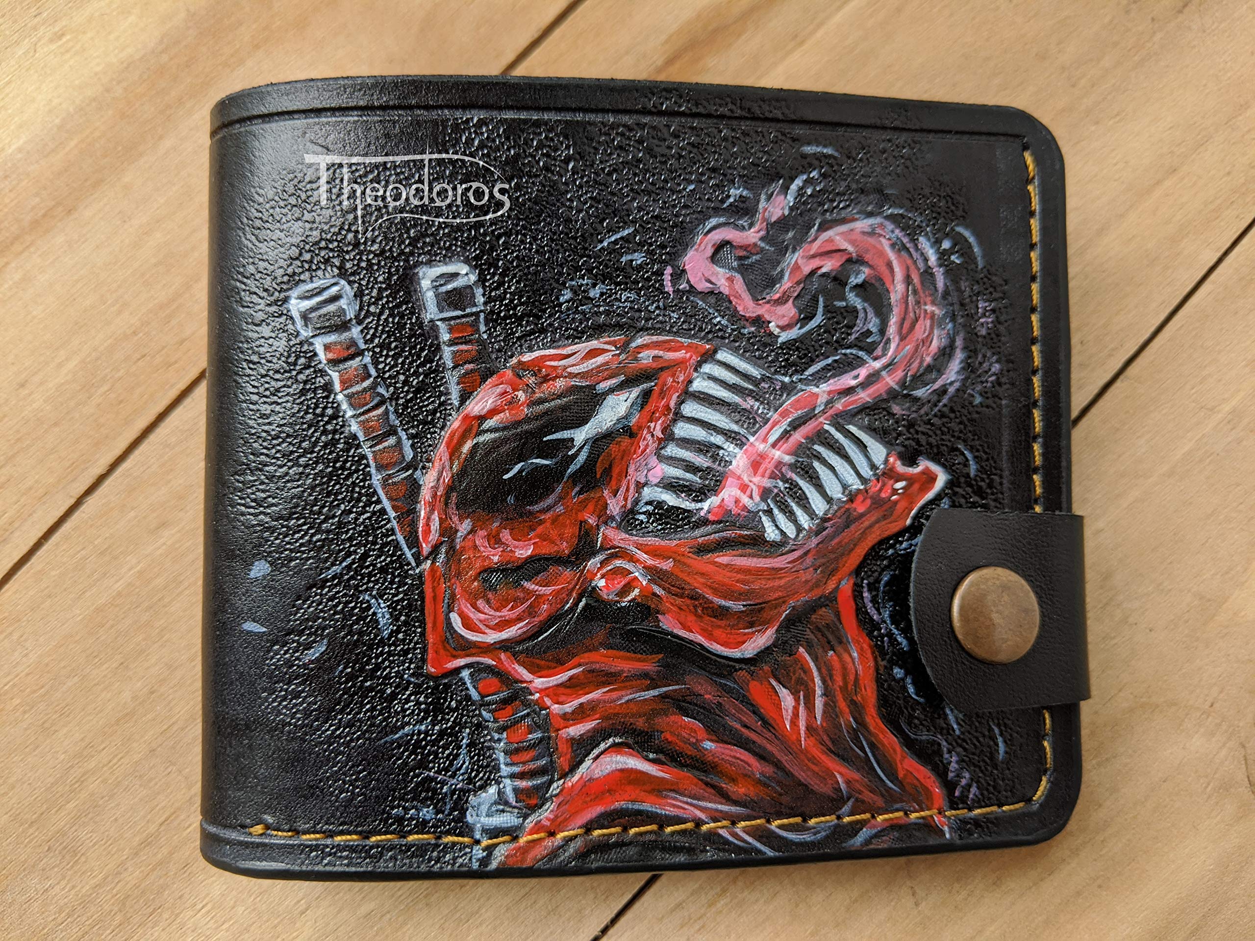 TheodorosMen's 3D Genuine Leather Wallet, Hand-Carved, Hand-Painted, Leather Carving, Custom wallet, Personalized wallet, Venom, Marvel Comics, Eddie Brock, Superhero wallet, Spiderman, Deadpool