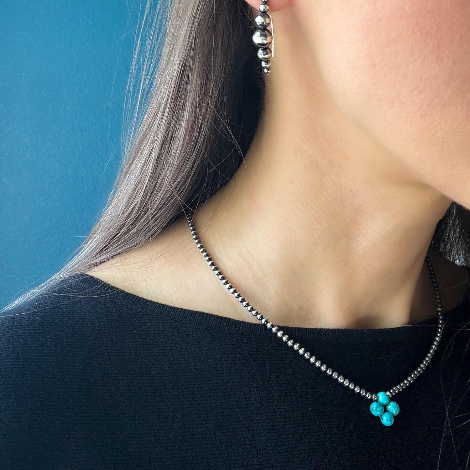 Sterling Silver Navajo Pearl Style Necklace for Women with Genuine Turquoise Pendant, 3mm Hand Beaded Necklace 14-17 in Western Jewelry Handmade in the USA - Image 7