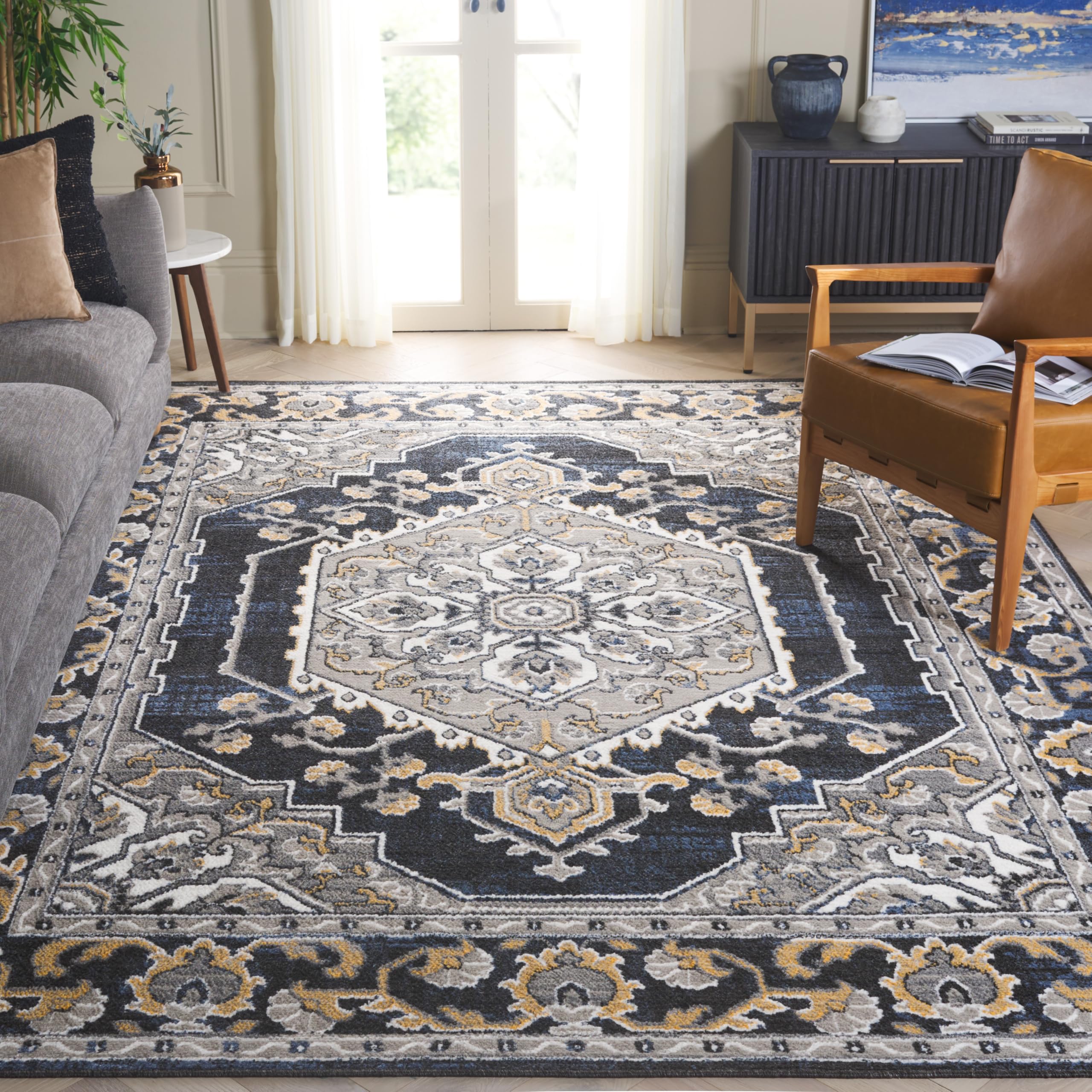 SAFAVIEH Area Rug 8x10 - Pyramid Collection - Large - Grey & Navy Gold, Oriental Design, Non-Shedding & Easy Cleaning, Ideal for Living Room, Bedroom,