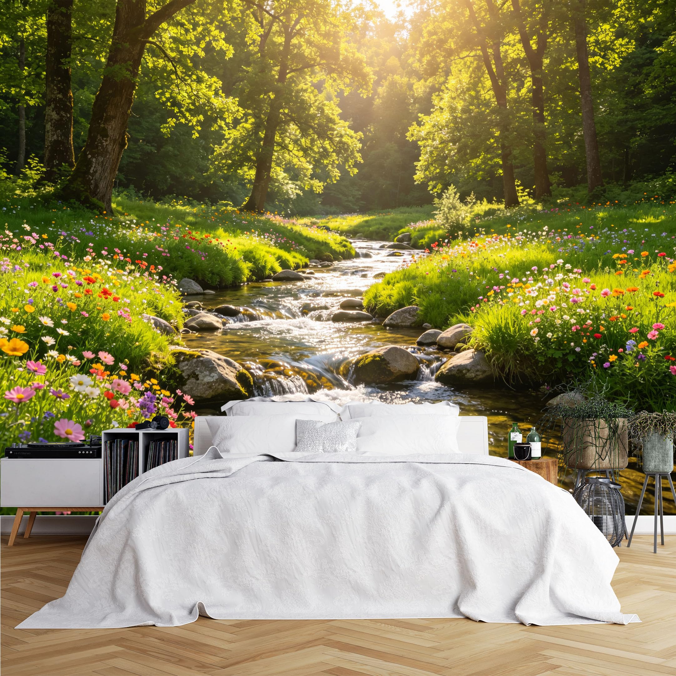 Lcythiazole Ch260615090 Custom Size Wall Murals Forest Stream Wildflower Riverside Wall Murals Vivid Landscape Wallpaper Full Wall Self-Adhesive Removable Wallpaper For Living Room Sunroom