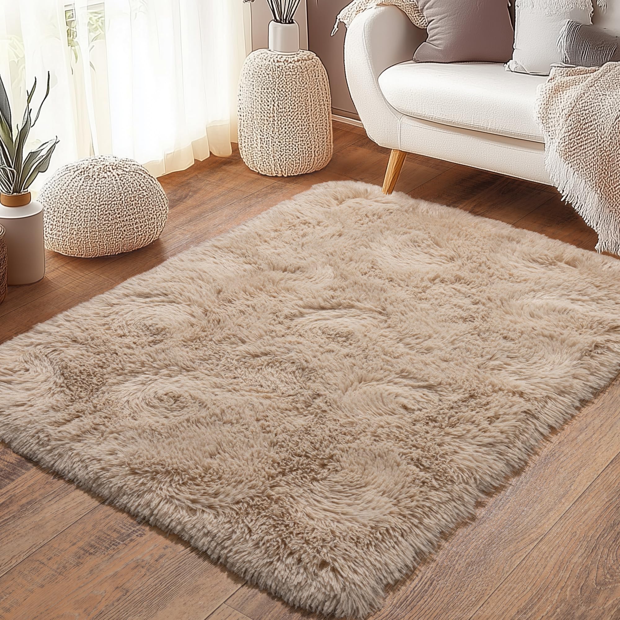 OHDS Beige Fluffy Rug for Bedroom 3x5 ft Small Rug - Ultra Soft & Non Slip Shaggy Area Rug, Comfy Durable Carpet for Living Room Kids Room Teens Dorm