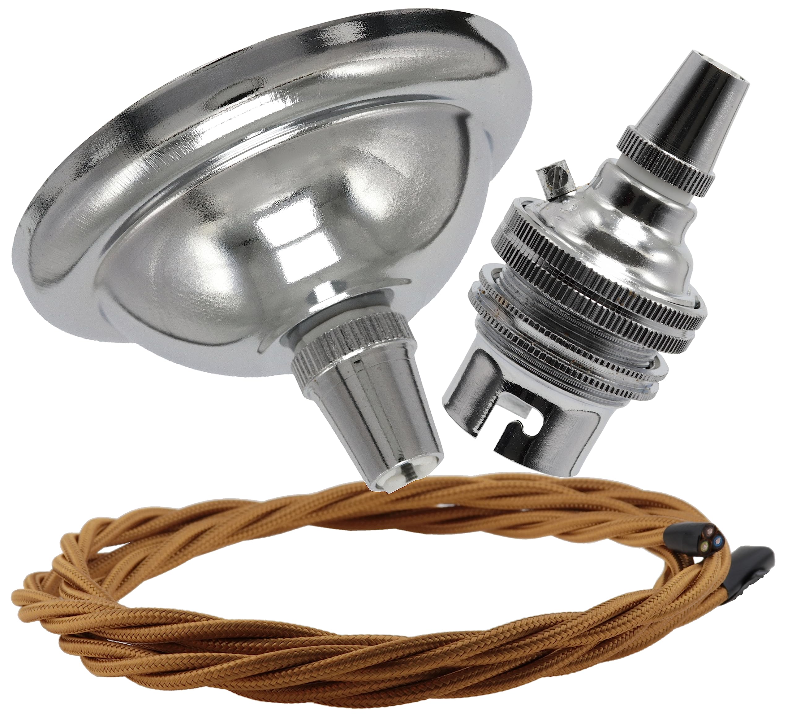 Repaireum Ltd. Vintage Styled Small (67mm) Ceiling Pendant Kit incl. Polished Chrome Effect Rose, B22 Lampholder and 3 Core Antique Gold Braided Twisted Flex