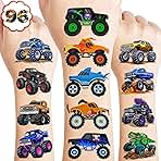 96 PCS Monster Truck Race Car Pre-Cut Temporary Tattoos for Kids | Super Cute Themed Birthday Party Favors, Supplies, Decorations, Fake Tattoo Stickers (Multiple)