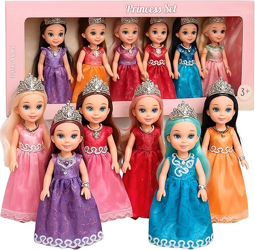 Set de muñecas princesa de TOMLEON – 6 mini muñecas princesa con vestidos coloridos, coronas y joyas – Set de juego de rol de fantasía para niños