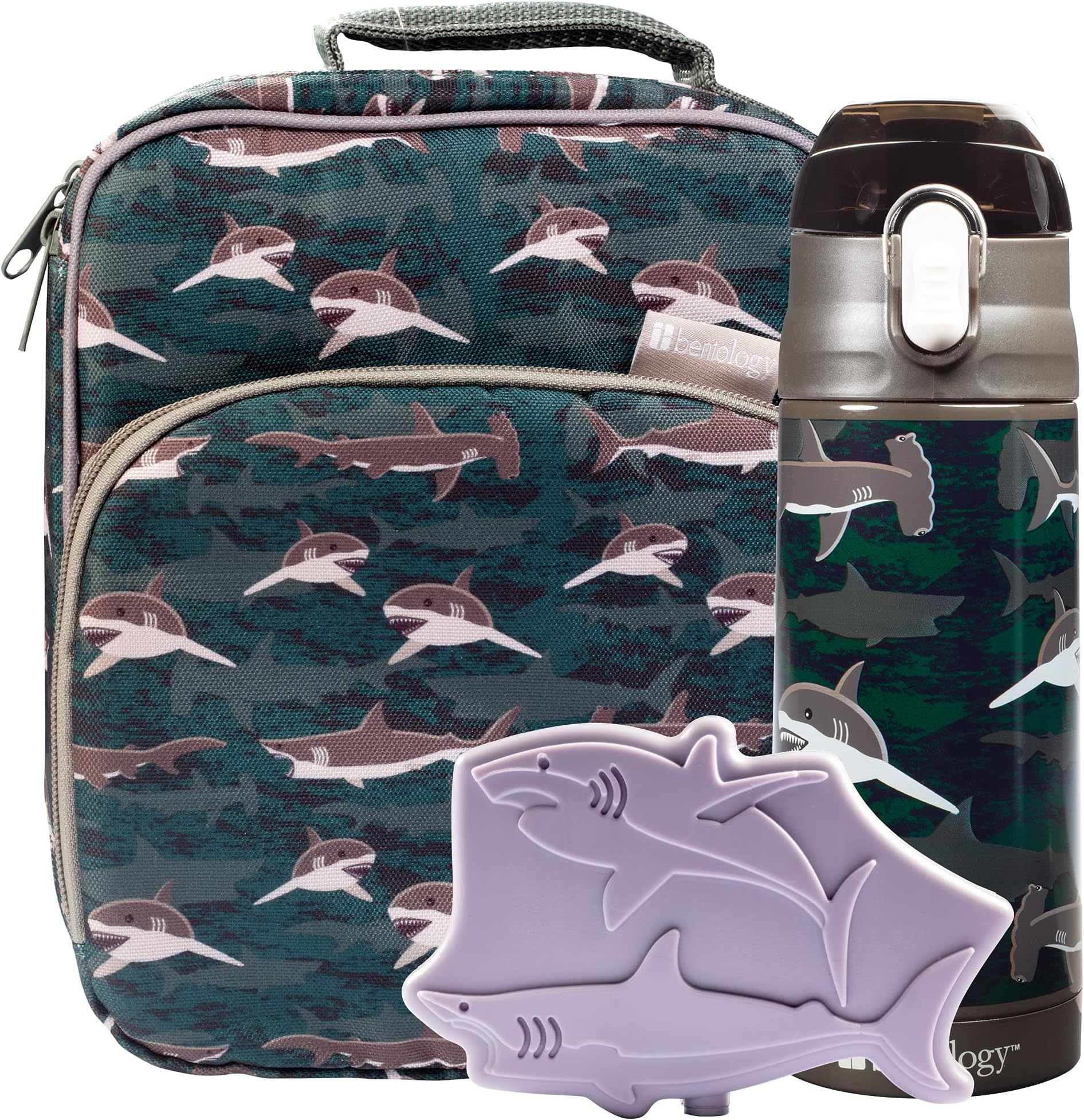 Bentology Kids Lunch Bag Set w Matching Reusable Water Bottle & Hard Ice Pack- Blue Fish Sharks- Insulated Tote, Stainless Steel Insulated Thermos, Hard Ice Pack- Back to School Lunchbox Kits