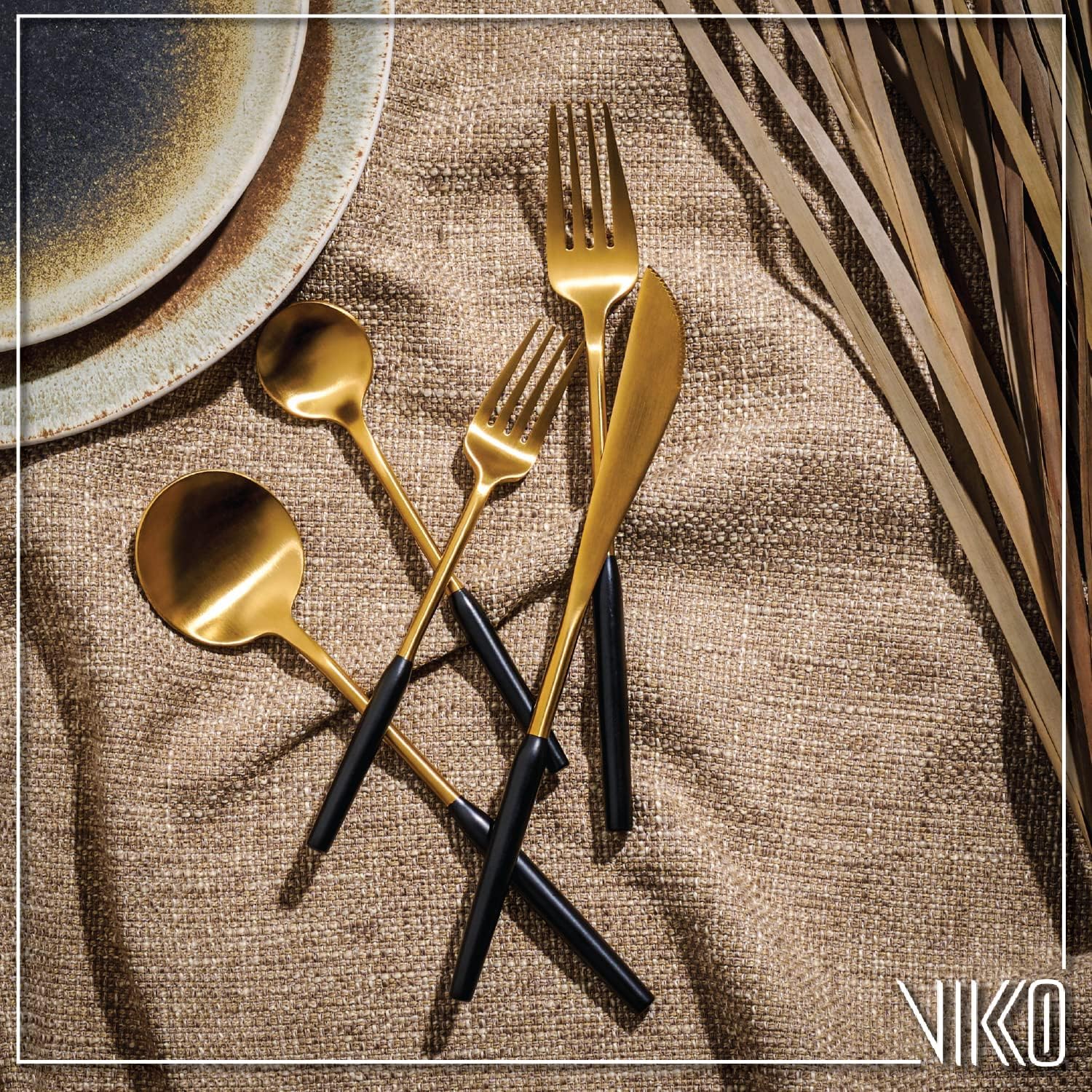 Vikko Dine Modern Silverware Set: Unique Brushed Black and Gold Set - Satin Matte - 18/10 stainless steel flatware For Upscale Dining and Entertaining- 20 Piece Cutlery Set - Service for Four (4)