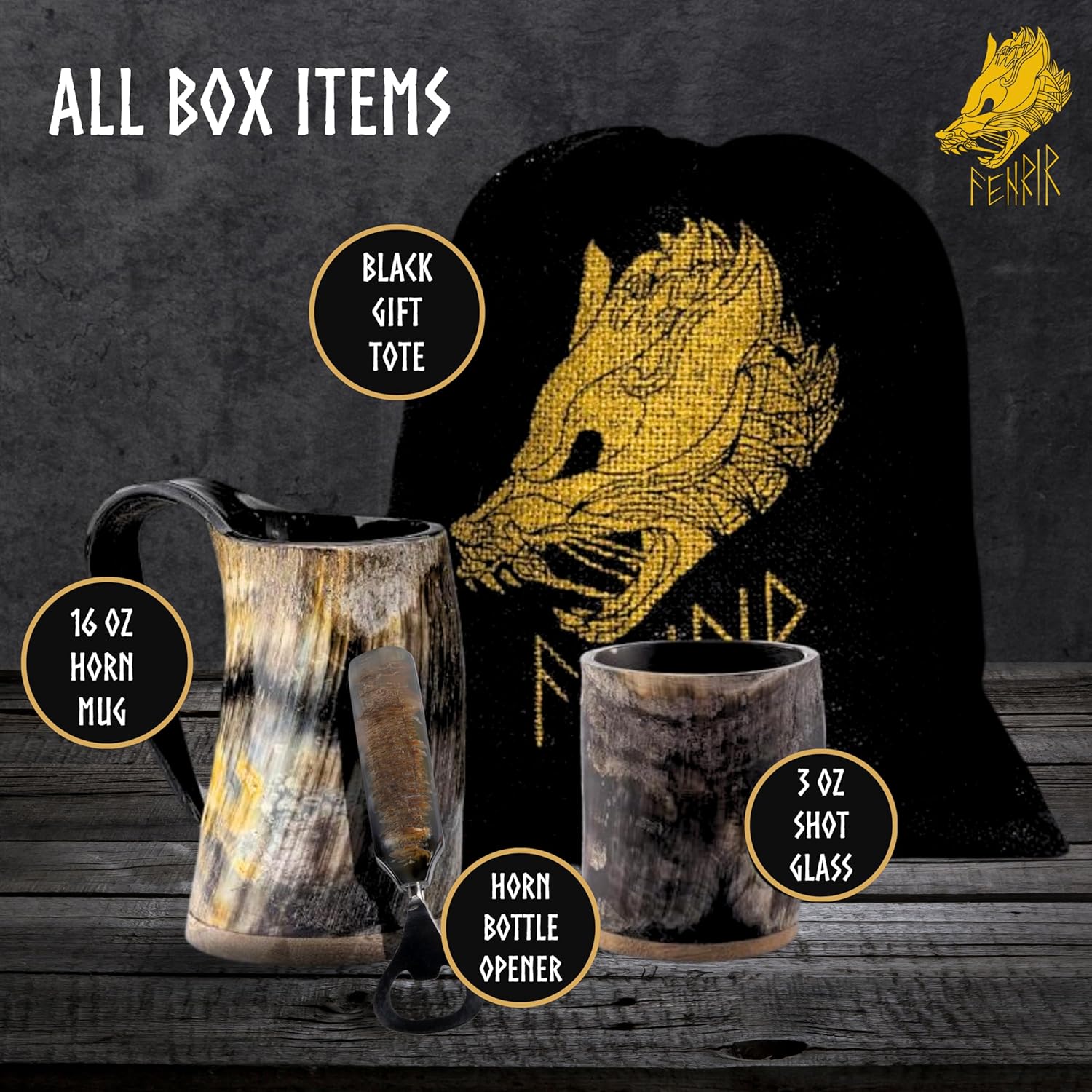 FENRIR Viking Drinking Horn Mug Set 16 oz – Gifts for Men, Dad, Husband – Unique Viking Gift – Handmade Real Ox Horn Cup with Shot Glass & Opener – For Beer, Ale, Mead (Natural Finish) - Image 2