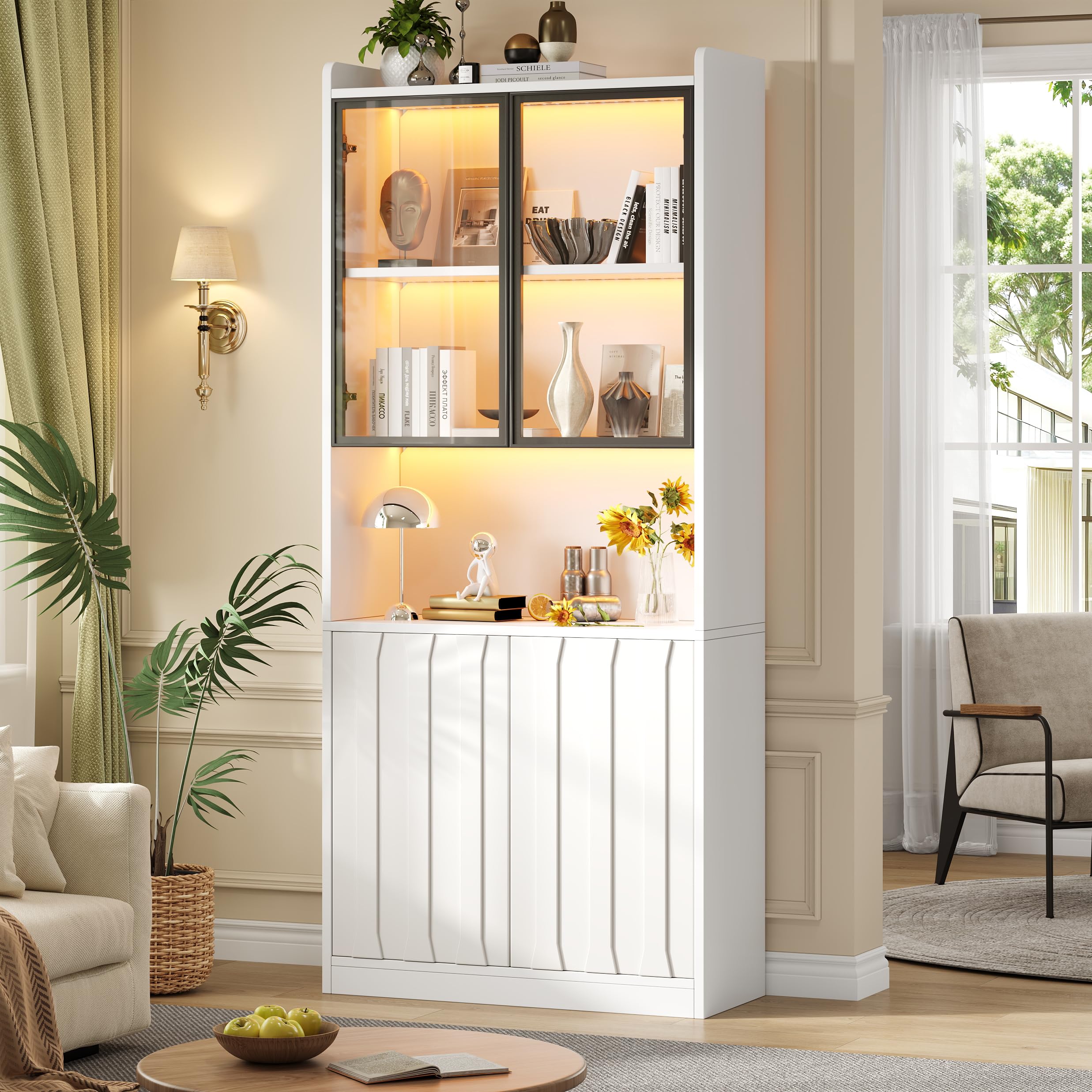 Vitrina LED de 80 x 35 x 200 cm, armario alto con puertas de cristal, armario alto de cristal con LED y partición abierta, armario de salón con puertas de cristal, cocina, estudio, entrada