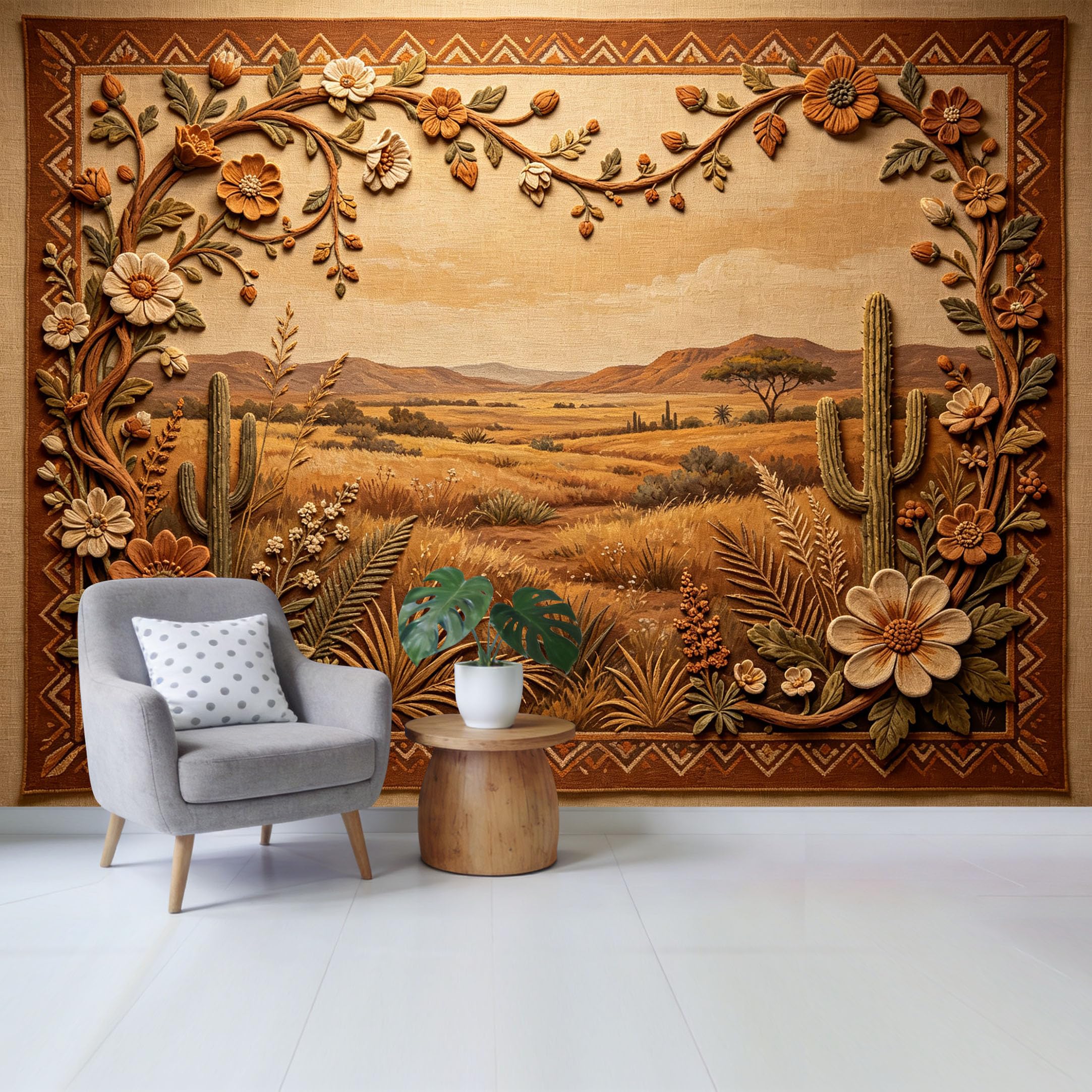 Custom Size Wall Mural Western Desert Cactus Floral Frame Embossed Textured Art SelfAdhesive Wall Fabric Removable Wallpaper for Home Office Decor