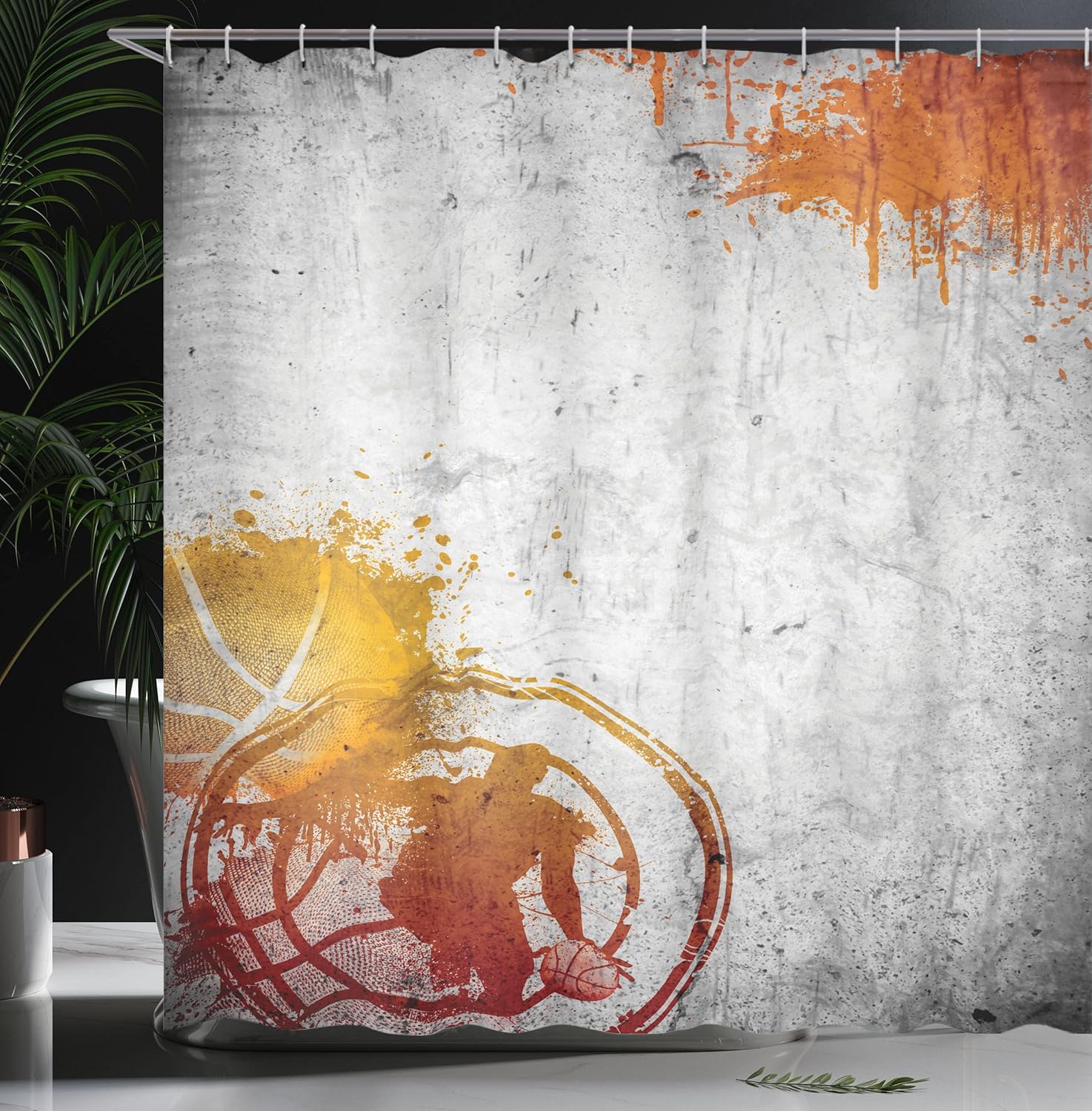 Ambesonne Basketball Shower Curtain, Basketball Streetball and Paint Stains Image on Concrete Wall Rustic Print, Cloth Fabric Bathroom Decor Set with Hooks, 69" W x 75" L, Charcoal Orange