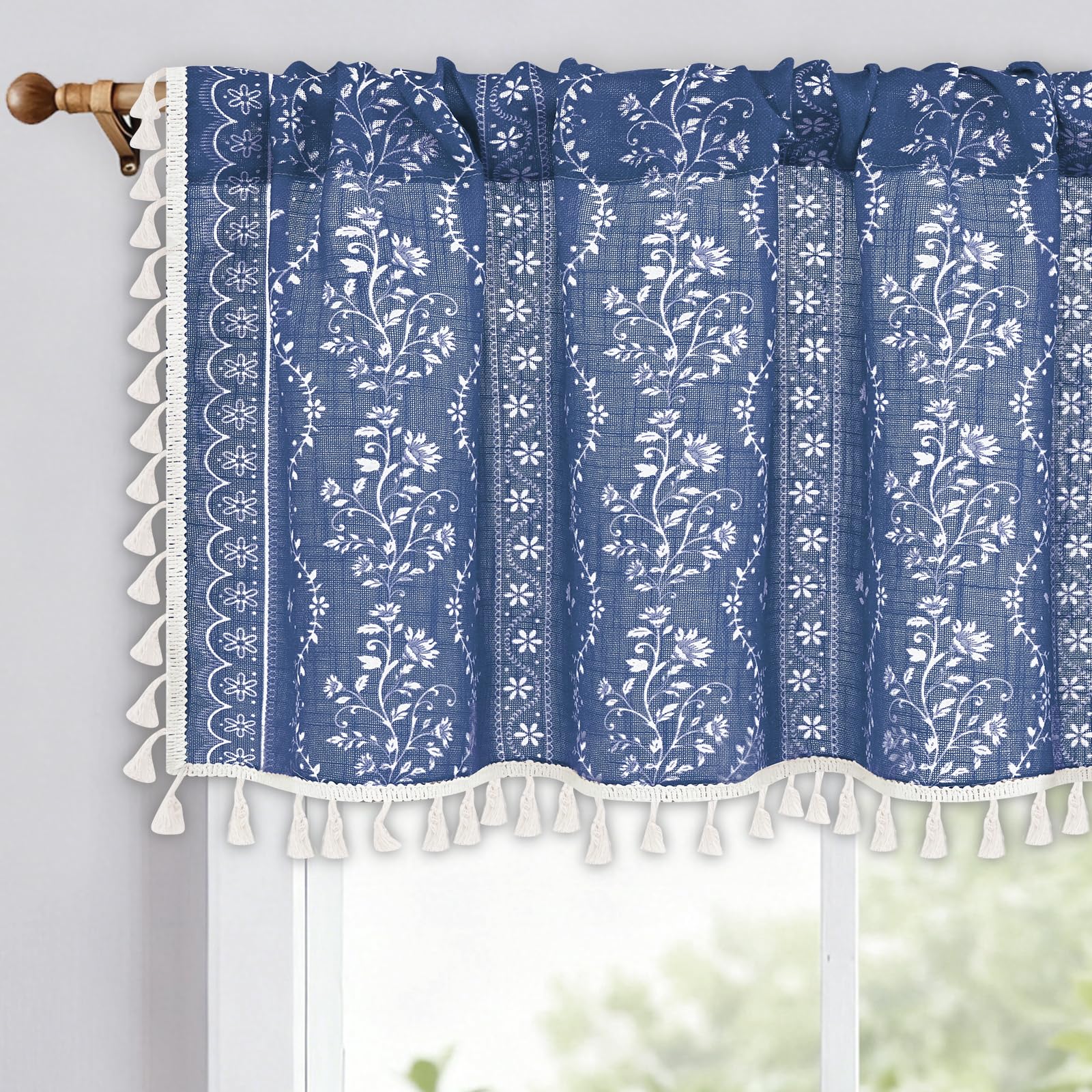Yinhua Boho Valance Curtains Vintage Linen Blue Kitchen Valances for Windows Light Filtering Bohemian Floral Valance Rod Pocket Farmhouse Tassel Window Valances for Bathroom Cafe, 52" W X 18" L