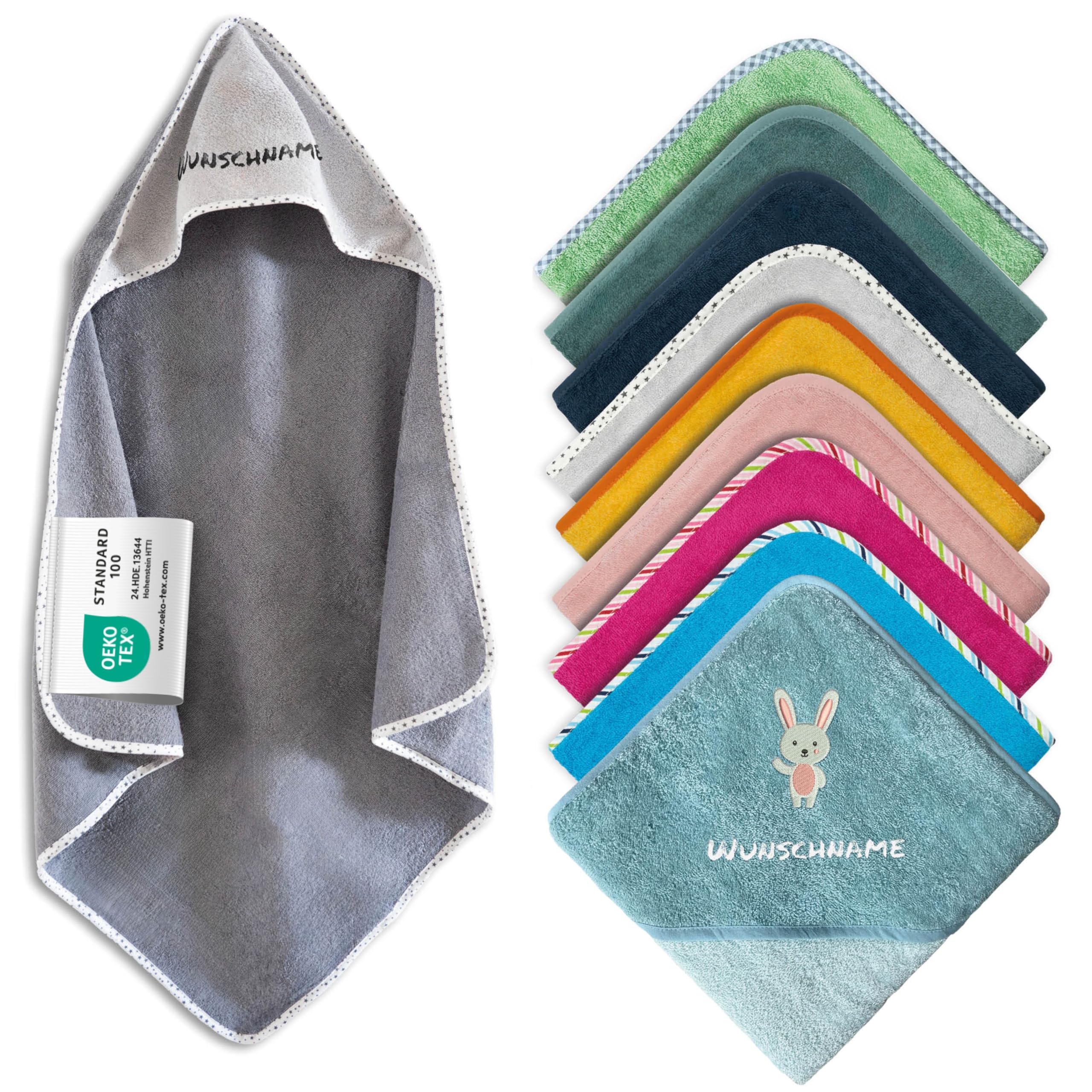 my STITCHERY Kapuzenhandtuch Baby mit Namen Bestickt, Oeko-TEX® Standard 100 - Personalisiertes Babyhandtuch mit Kapuze aus Reiner Baumwolle mit gesticktem Namen und Motiv (Grau, 80 x 80 cm)